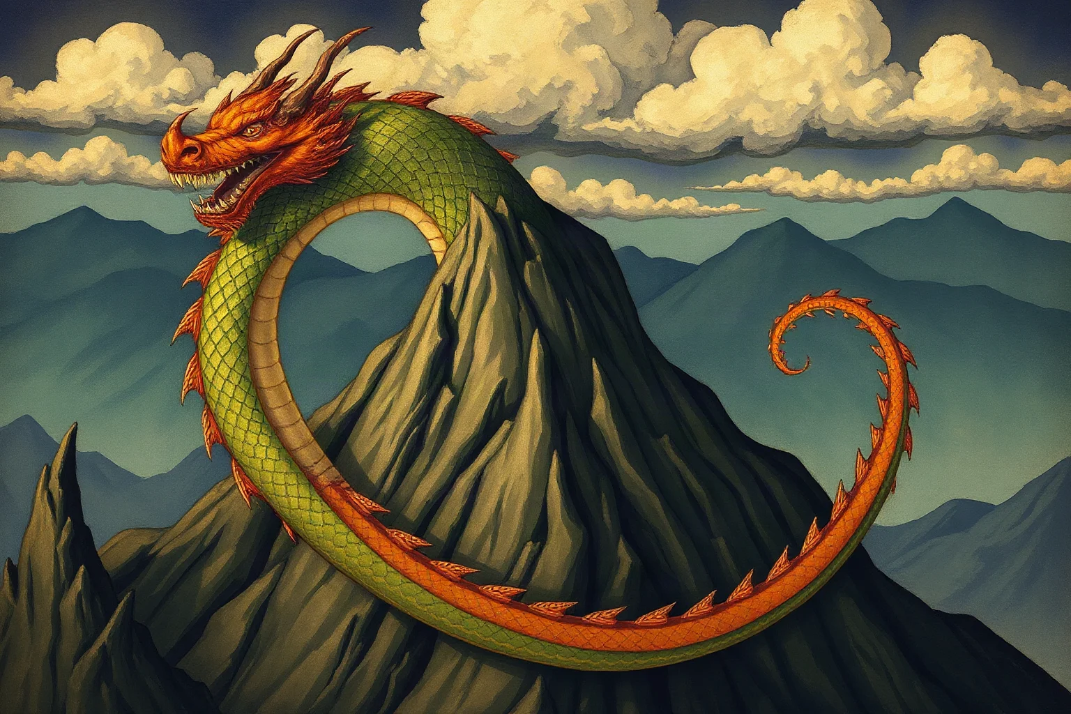 A majestic serpentine dragon coiled around a mountain peak, painted in a classic folklore illustration style