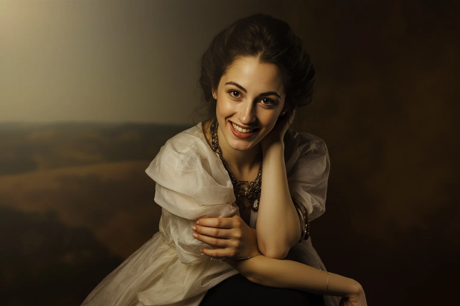 A softly lit Renaissance-style portrait of a seated woman with a subtle, enigmatic smile against a hazy landscape background, oil painting style