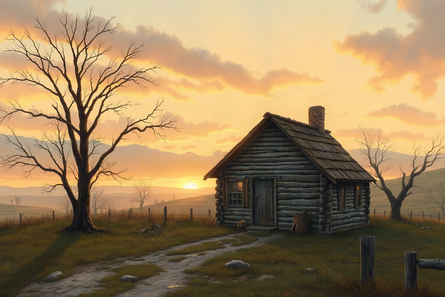 Illustrated 19th-century log cabin in rural Kentucky at dawn, frontier homestead style painting