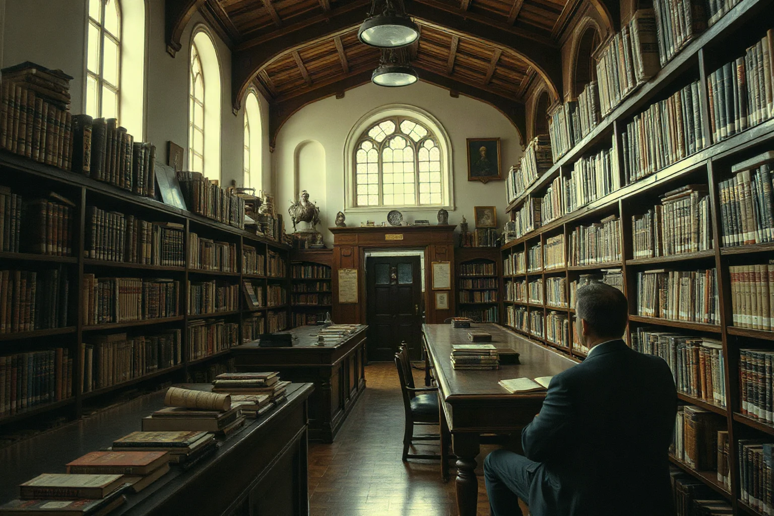 Library during authoritarian period with book burning or banned books being removed from shelves, officials overseeing censorship