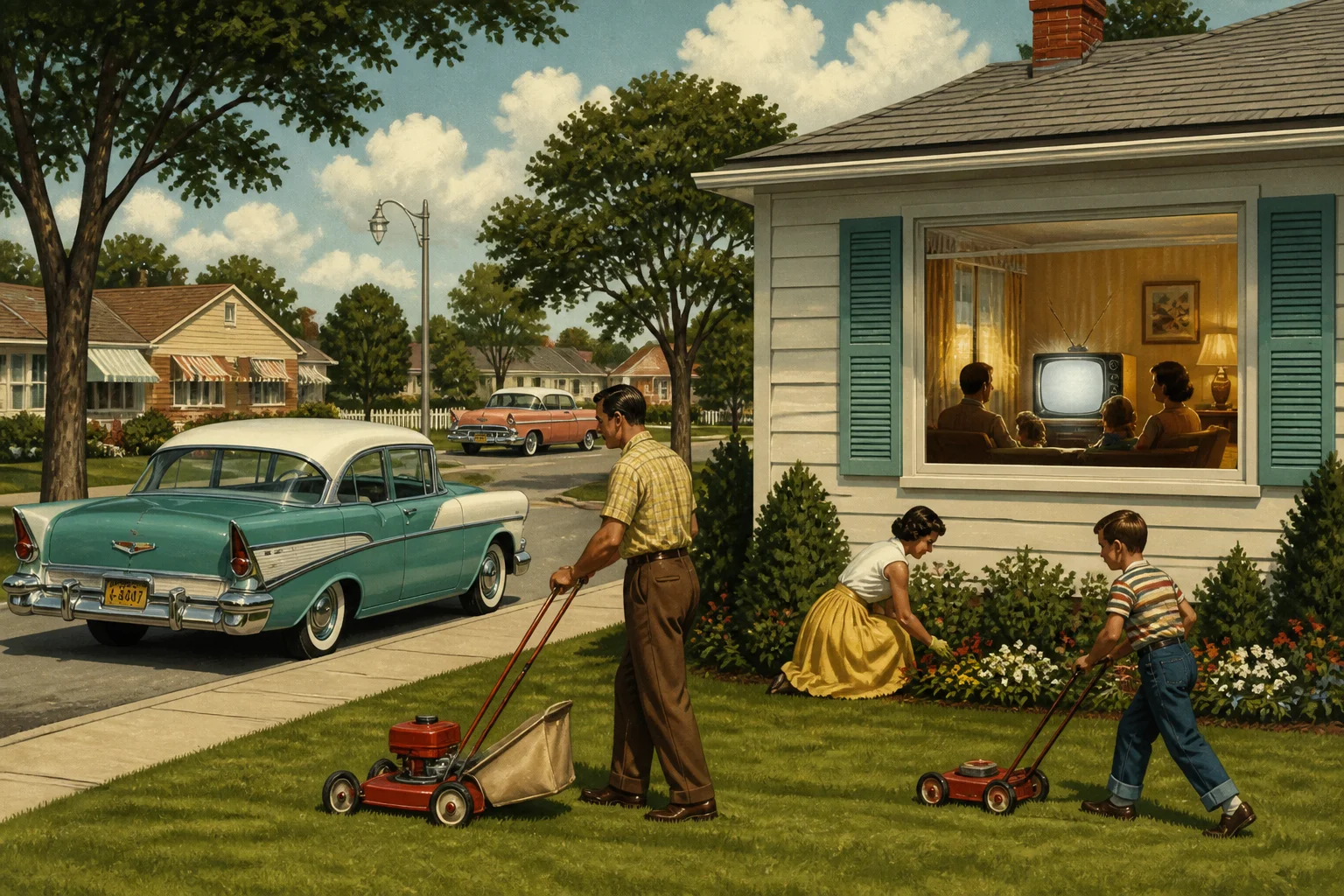 A retro illustration of a 1950s suburban street with tail-finned cars, a family mowing the lawn, and a television glowing through a living room window