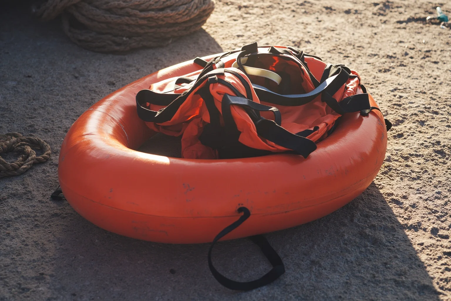 Best Nonfiction Books About WWI: The 25 Best WWI and WWII Reads 24 Life raft and life vest resting on a sunlit dock, weathered rope coiled nearby