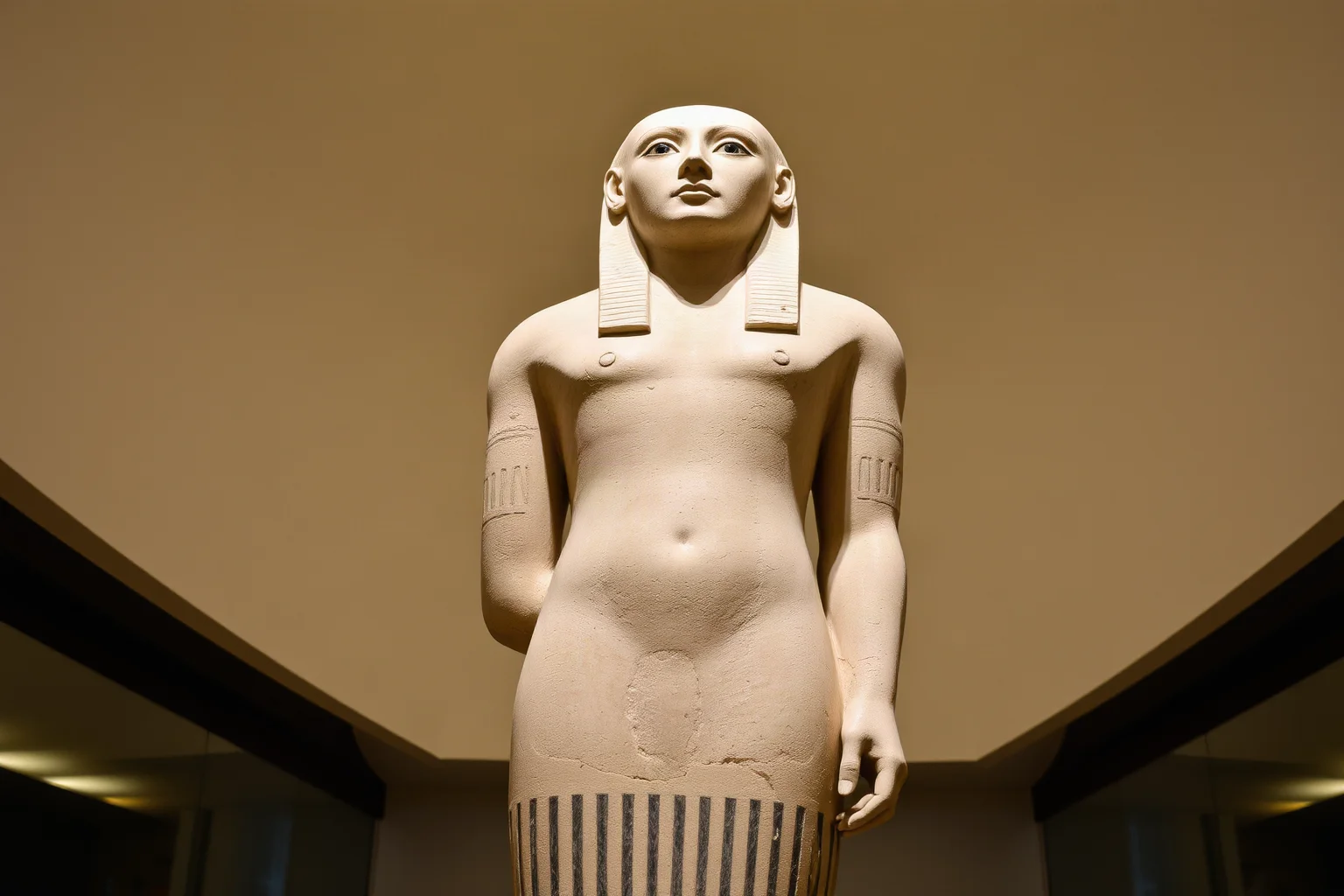 Life-size beige limestone statue of a standing human figure with dark inlaid eyes, ancient museum display