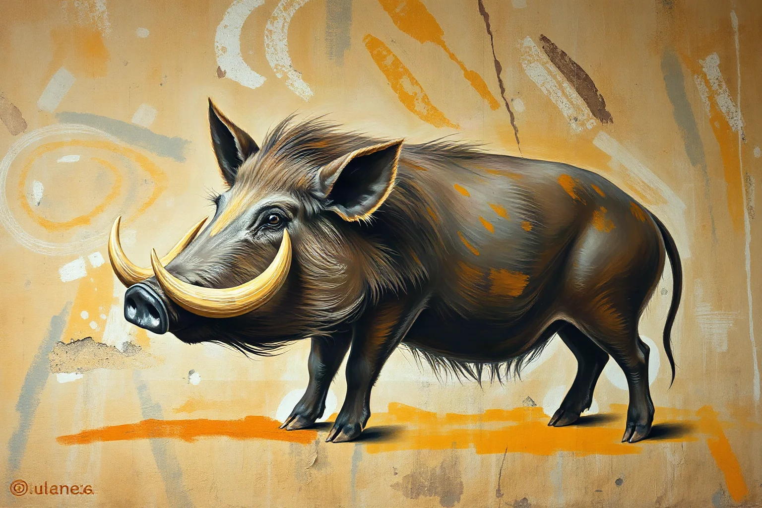 Life-sized painting of a Sulawesi warty pig with prominent tusks on a limestone cave wall, ochre and natural pigment colors
