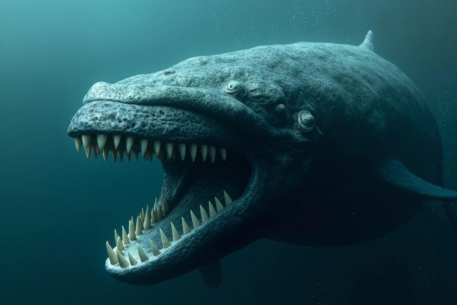 Livyatan Melvillei predatory sperm whale with large teeth hunting in prehistoric ocean