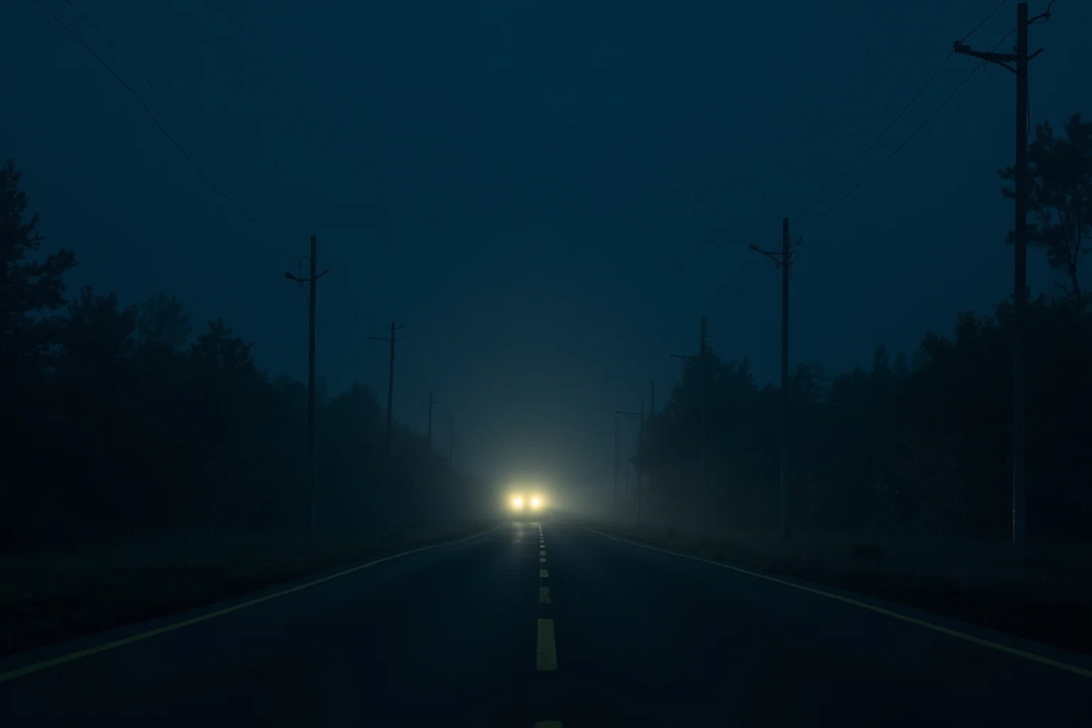 Lonely rural two-lane highway at night lit only by car headlights, foggy atmosphere, illustration style