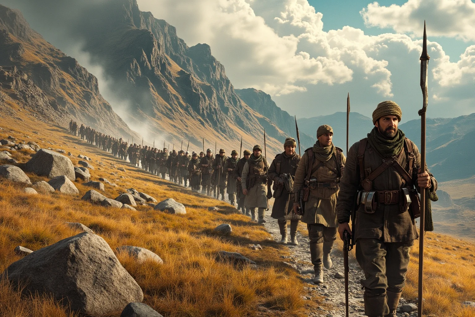 Long column of determined travelers and soldiers marching across rugged mountainous terrain on a historic long march