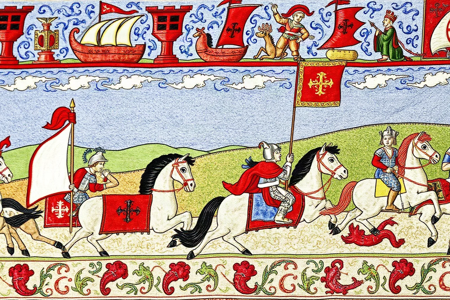 Long embroidered medieval tapestry depicting ships and armored horsemen in battle