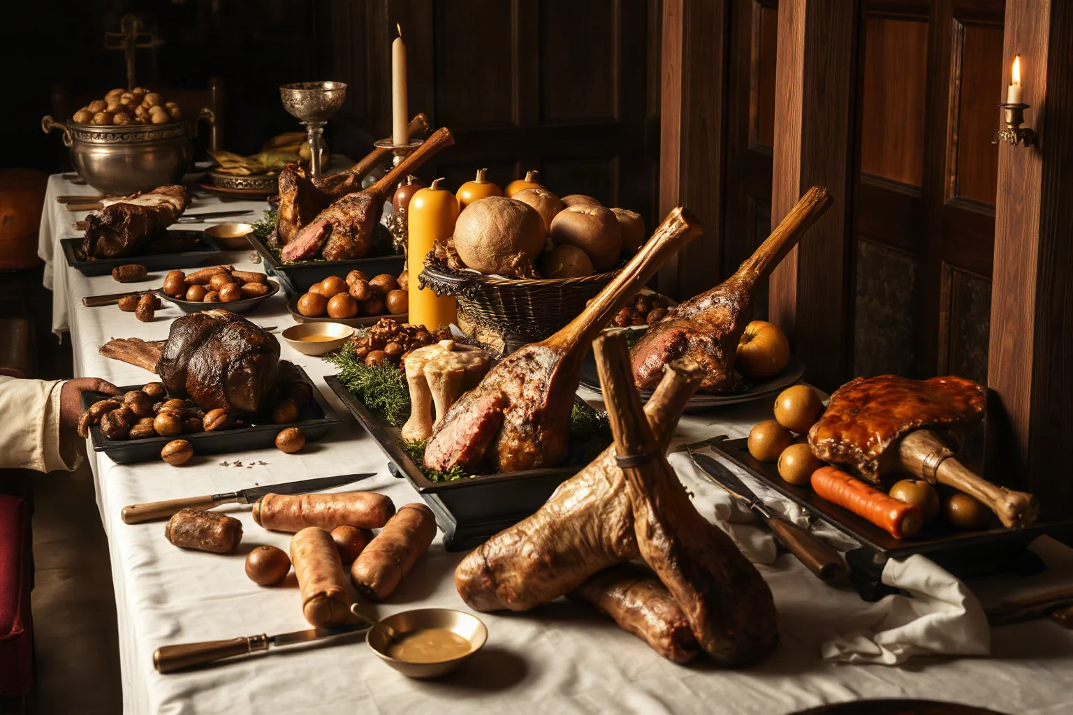 Long medieval noble banquet table laden with multiple roasted meats, joints of beef and mutton