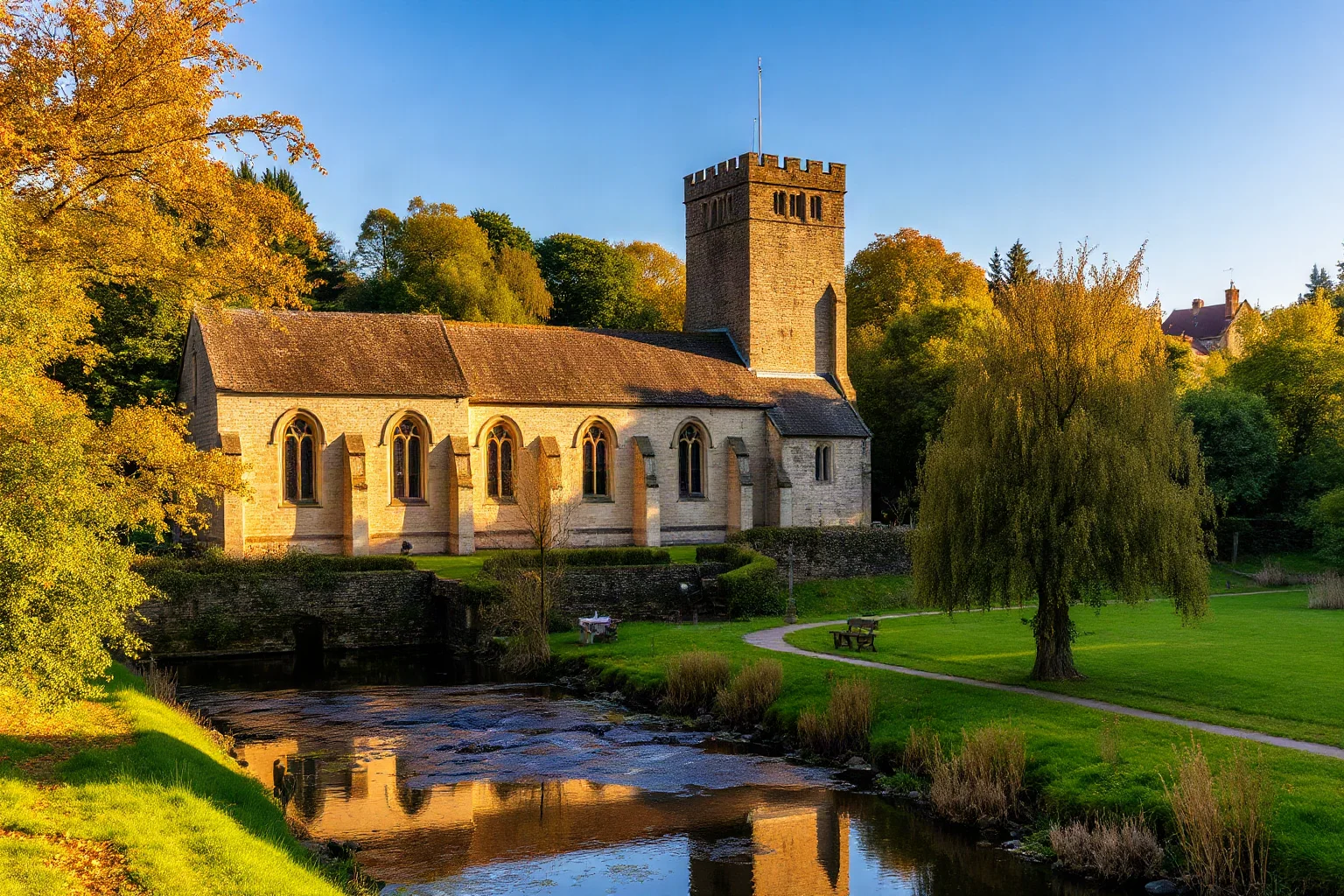 Long Norman-style parish church with a square tower near a river, English countryside, autumn light