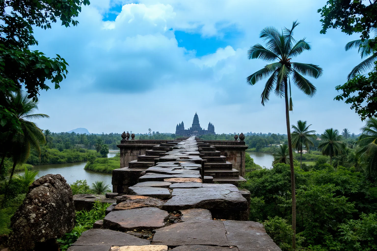 Long raised stone causeway stretching through jungle connecting distant temple ruins