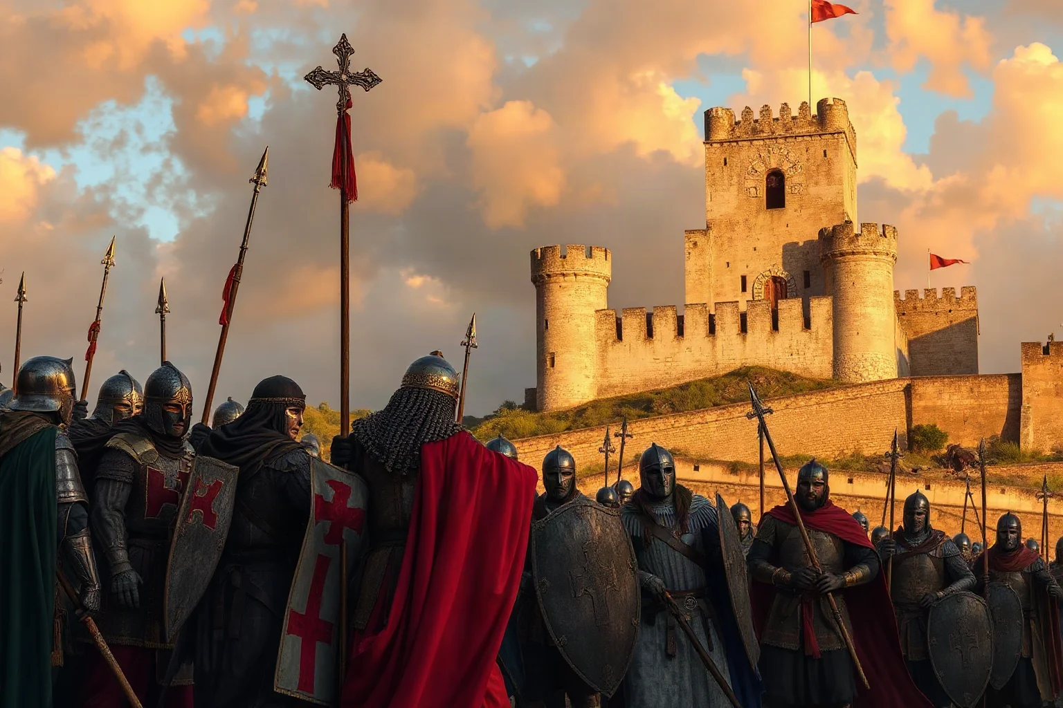 Medieval Christian and Moorish soldiers facing off near a fortified Iberian castle, illustrating the centuries-long Reconquista