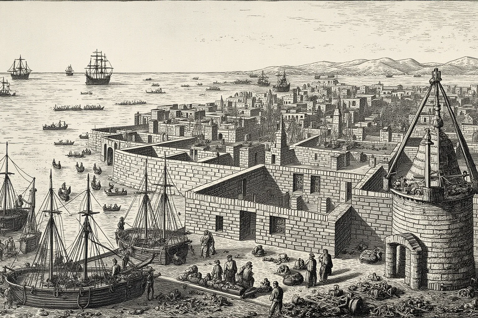 Illustration of a centuries-old fortified Mediterranean coastal city under a lengthy siege, with old warships and siege lines visible offshore