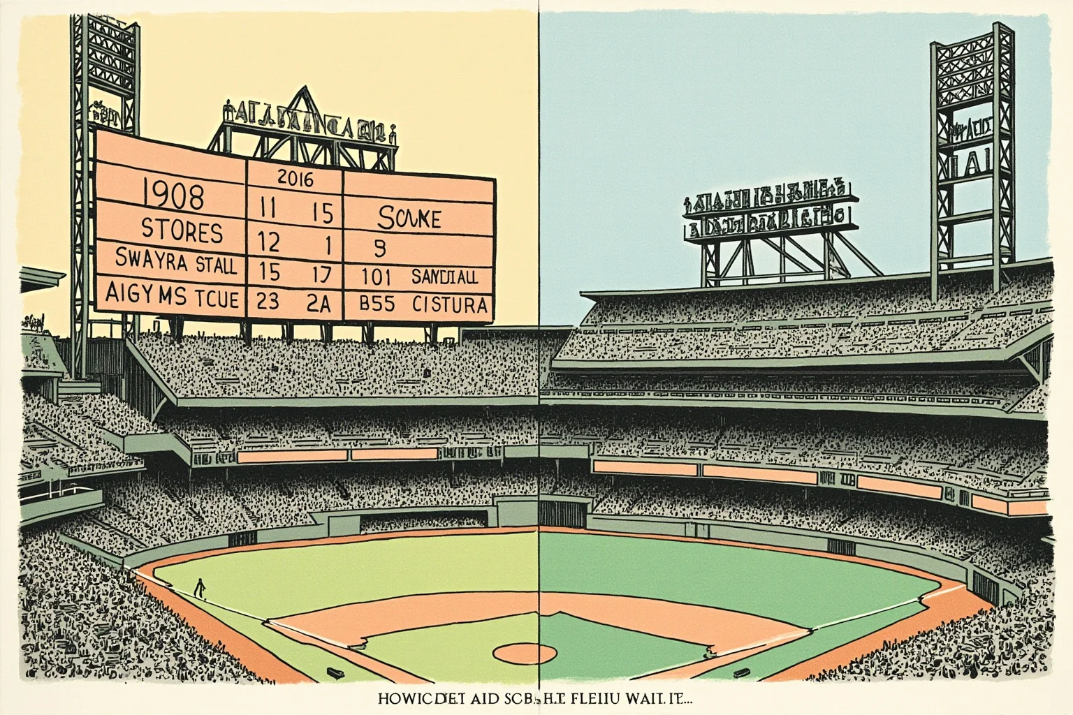 Longest Championship Droughts In Sport History 2 A faded vintage baseball scoreboard showing 1908 next to a modern stadium scoreboard showing 2016, symbolizing a century-long wait, illustration style