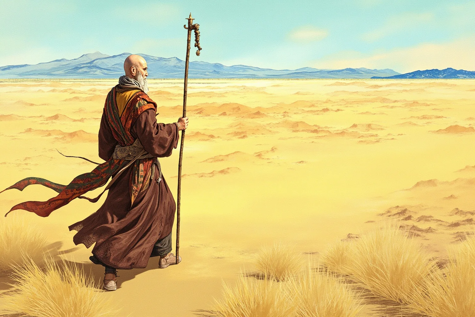 Longest Journeys Ever Undertaken On Foot 2 A robed traveling monk with a walking staff crossing a vast desert landscape toward distant mountains, illustrative historical art style
