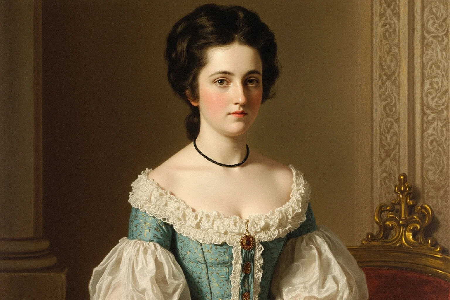 Lord Byron and Lady Caroline Lamb: History's Messiest Love Story 2 Regency-era portrait-style illustration of an elegant young aristocratic woman in an early 1800s empire-waist gown, in a grand drawing room