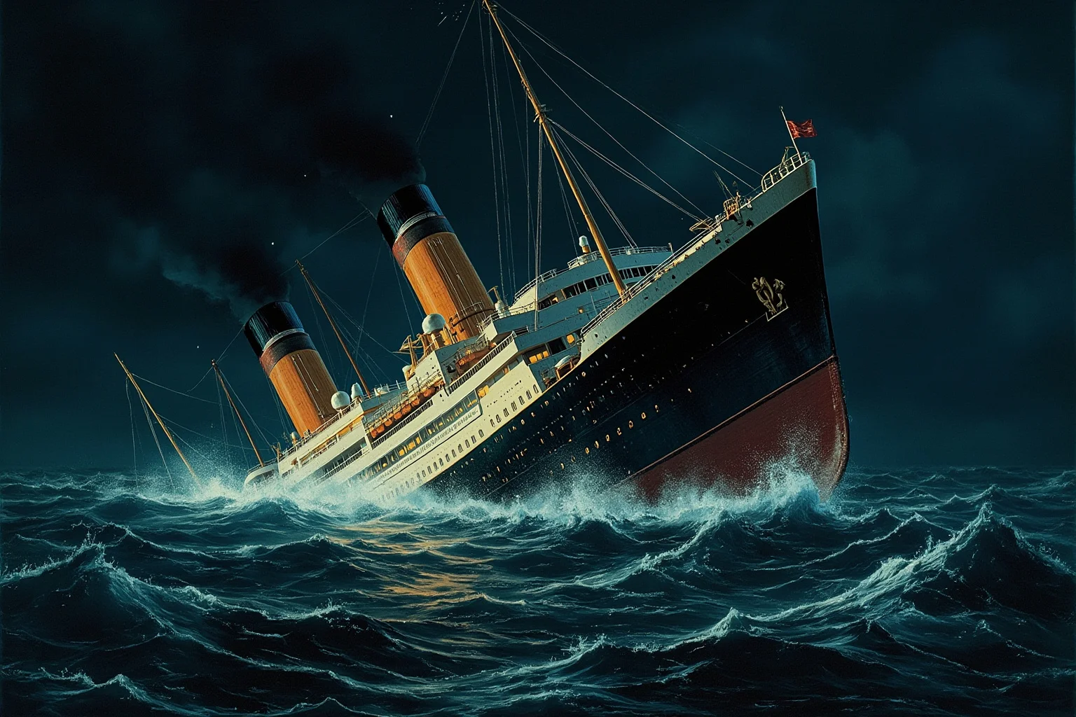 Lost At Sea: 20 Most Famous Shipwrecks in History 2 Illustration of a grand early-20th-century ocean liner splitting and sinking into a dark, icy Atlantic sea at night