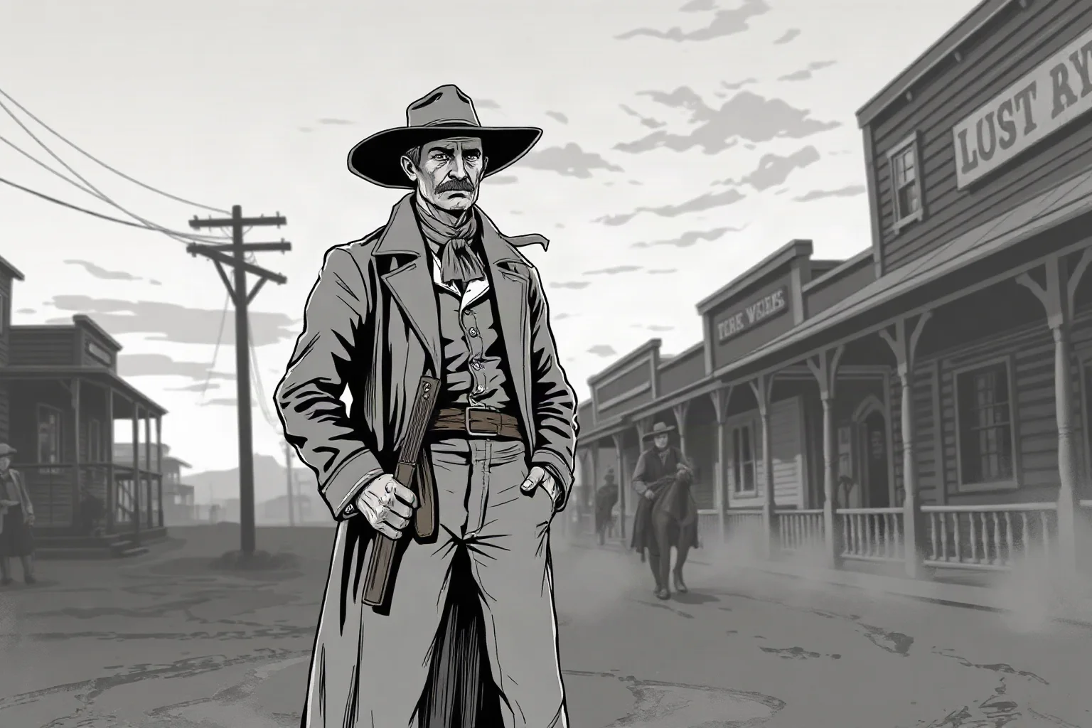 A weathered black-and-white style illustration of a mustached frontiersman in a long coat standing on a dusty Old West street at dusk