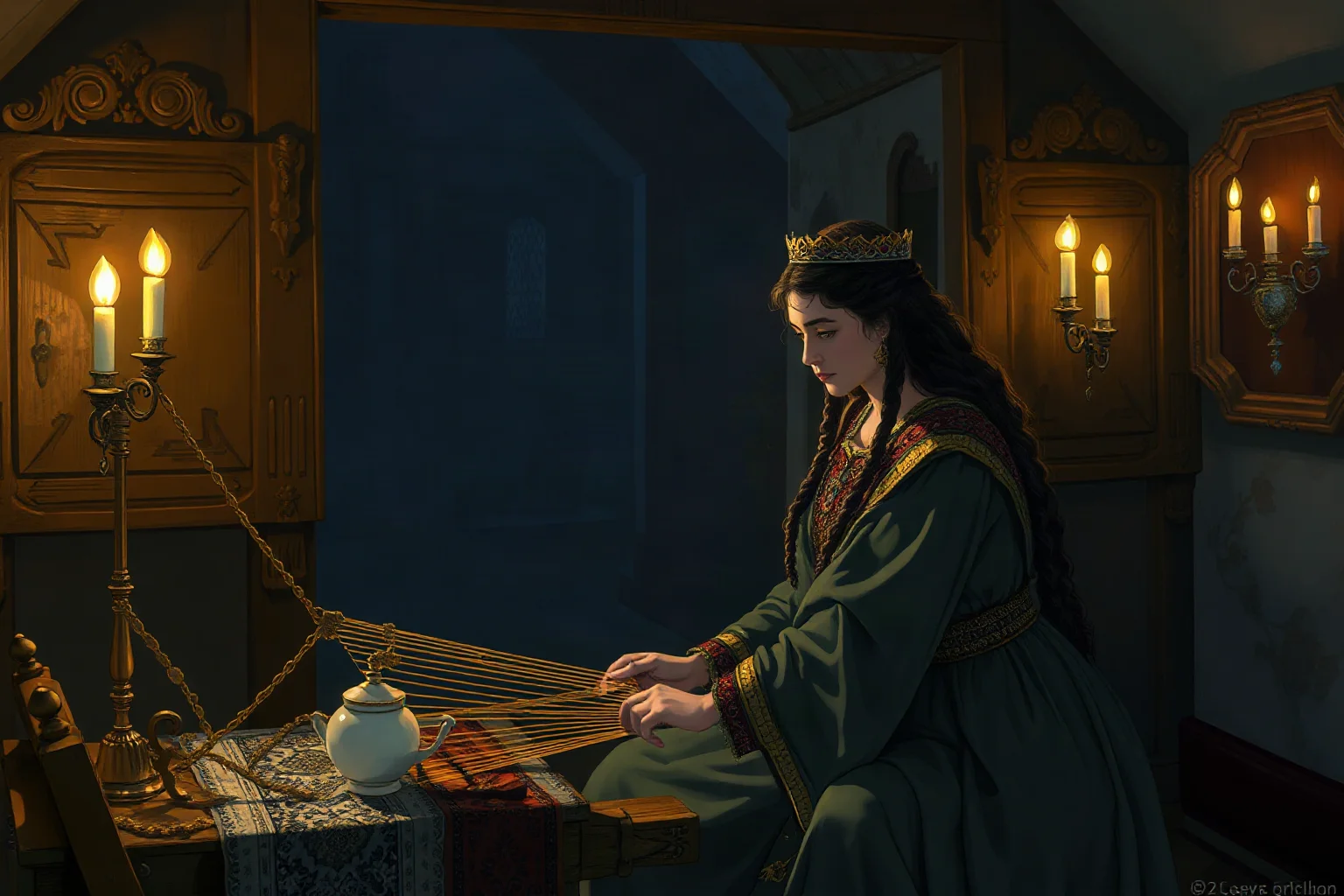 Loyal queen at a loom late at night by candlelight in an ancient palace hall, mythological illustration