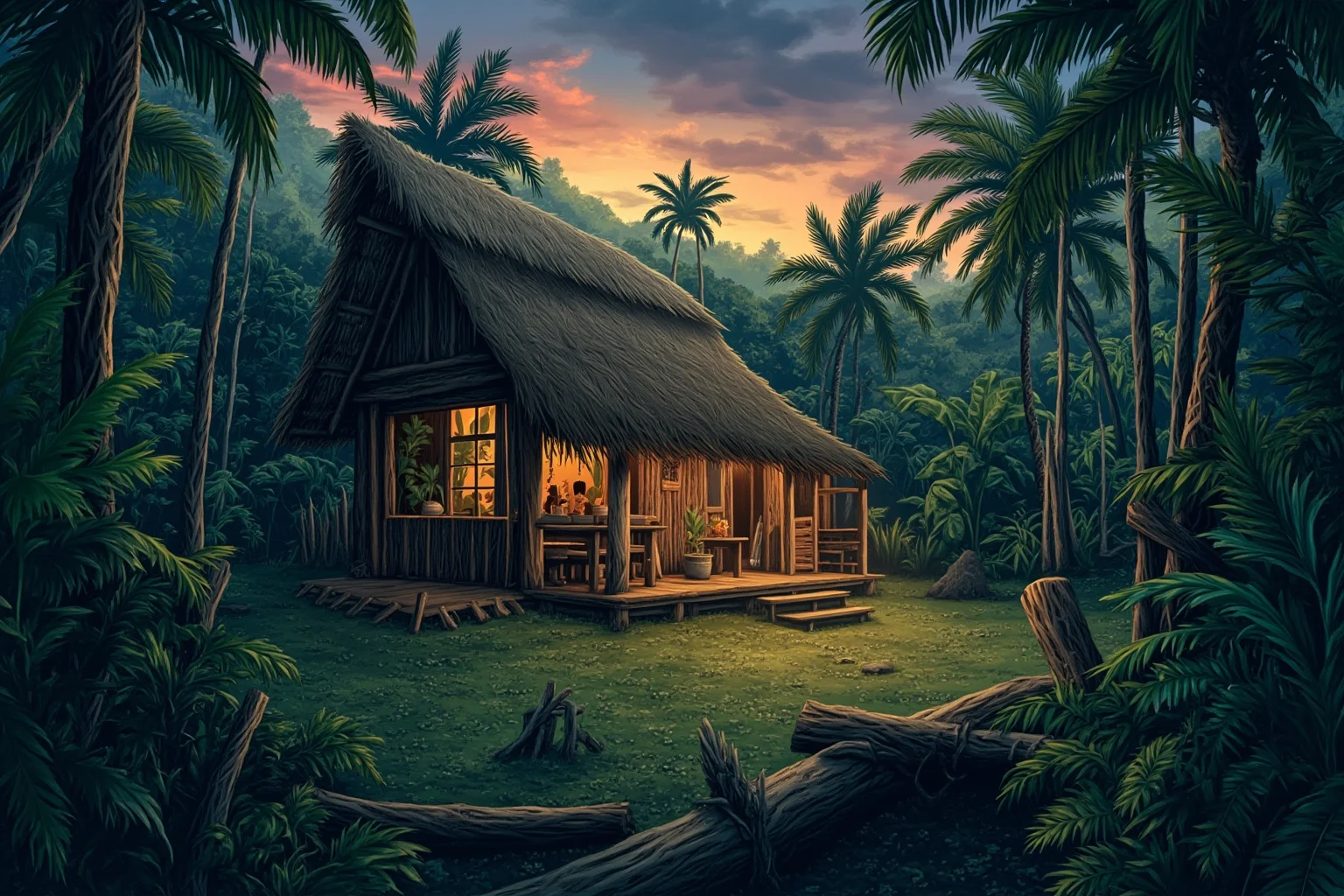 Lush Amazon rainforest village scene with a thatched communal longhouse at dusk, respectful anthropological illustration