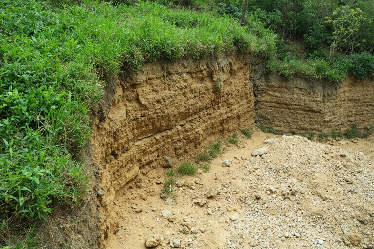 Lush green Chinese hillside excavation site with fine ash-colored rock layers and small fossil fragments