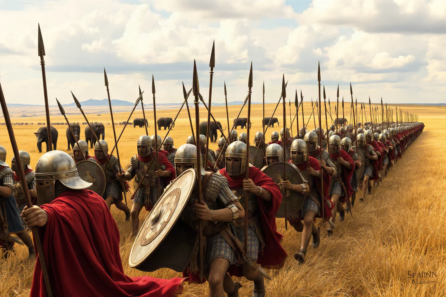 Macedonian phalanx formation with long spears advancing across an open plain, war elephants visible in Persian ranks in the distance