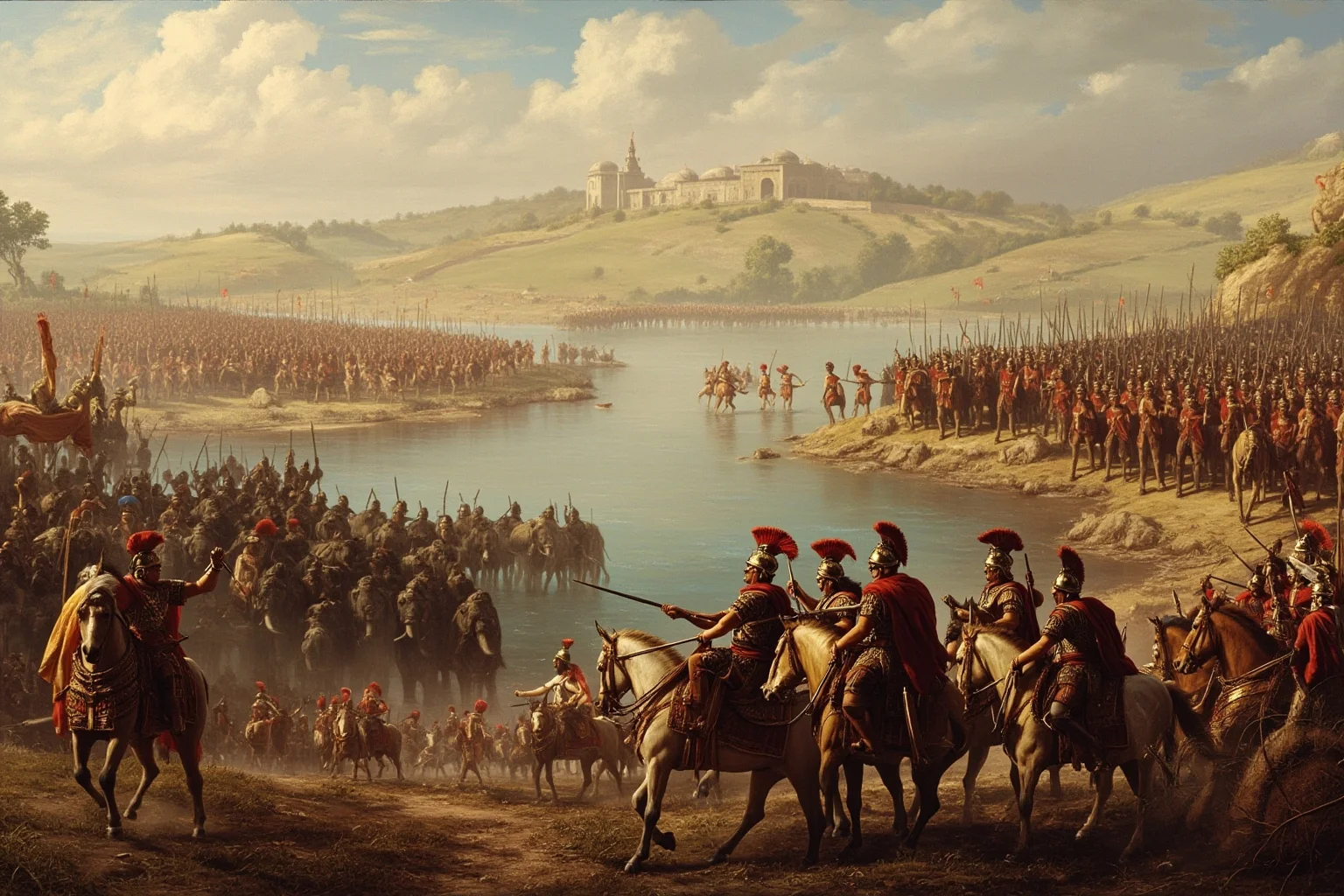 23 Important Ancient Greek Battles In History 23 Macedonian soldiers facing war elephants and Indian troops near a wide river crossing, ancient battle scene