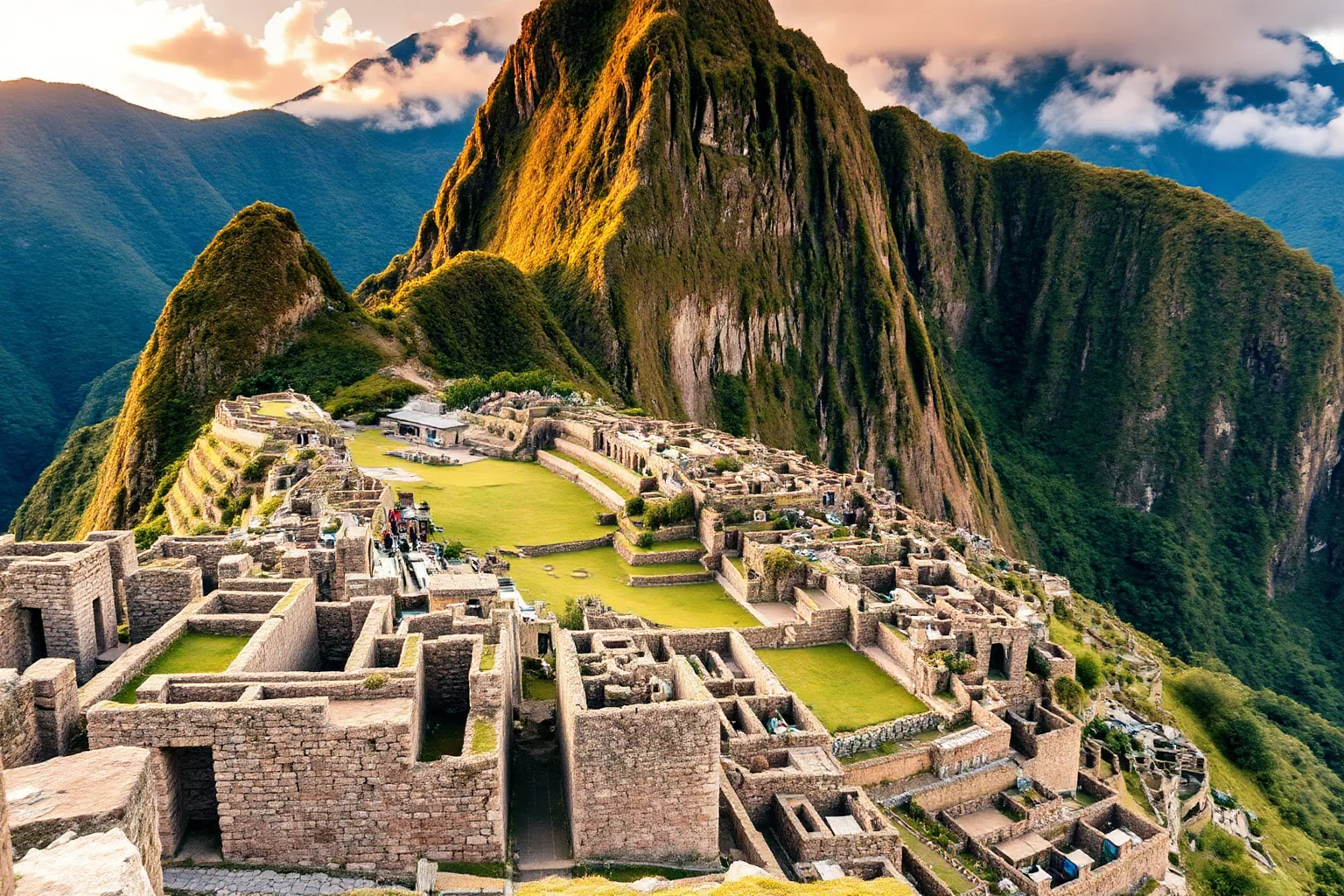 Machu Picchu's precisely fitted stone blocks and terraced architecture nestled in the Andes mountains at sunrise