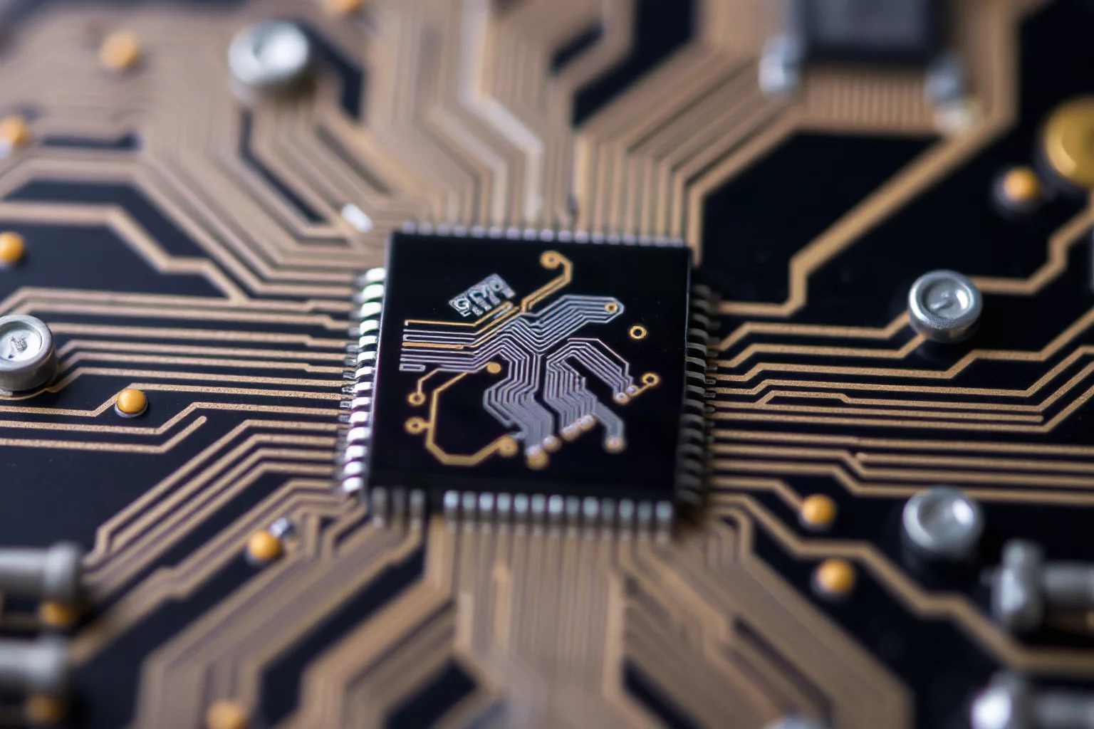 Macro illustration of a small silicon microchip with visible circuit patterns