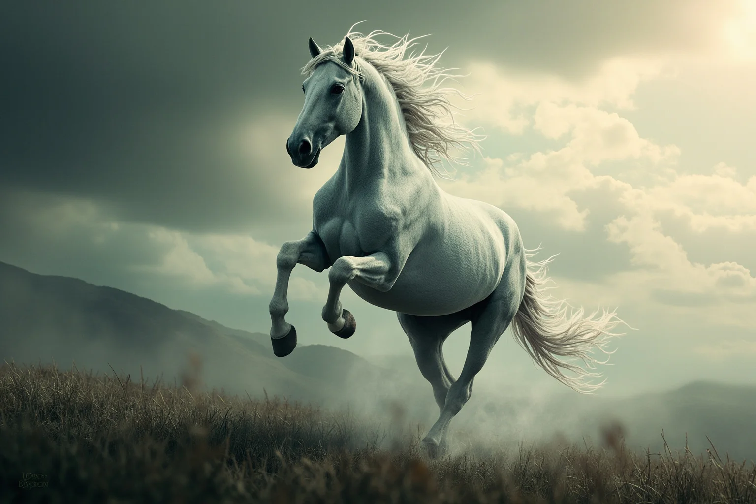 Famous Horses in History: 22 of the Most Legendary Names 22 Magnificent ethereal grey horse with flowing mane galloping across fantasy landscape, noble and majestic, Lord of the Rings inspired