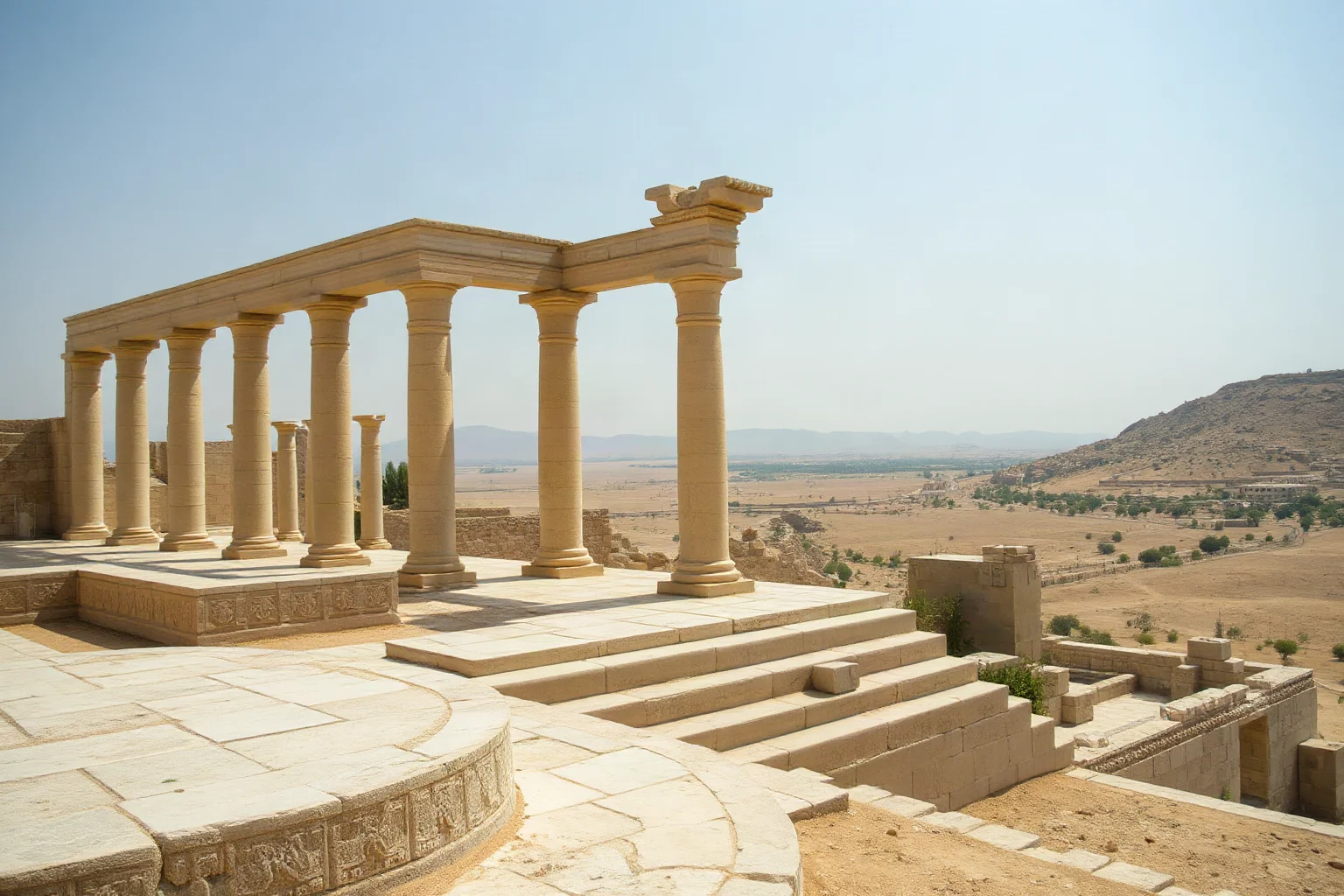 Majestic stone terraces and monumental ruins of Persepolis with carved columns and platforms against desert landscape