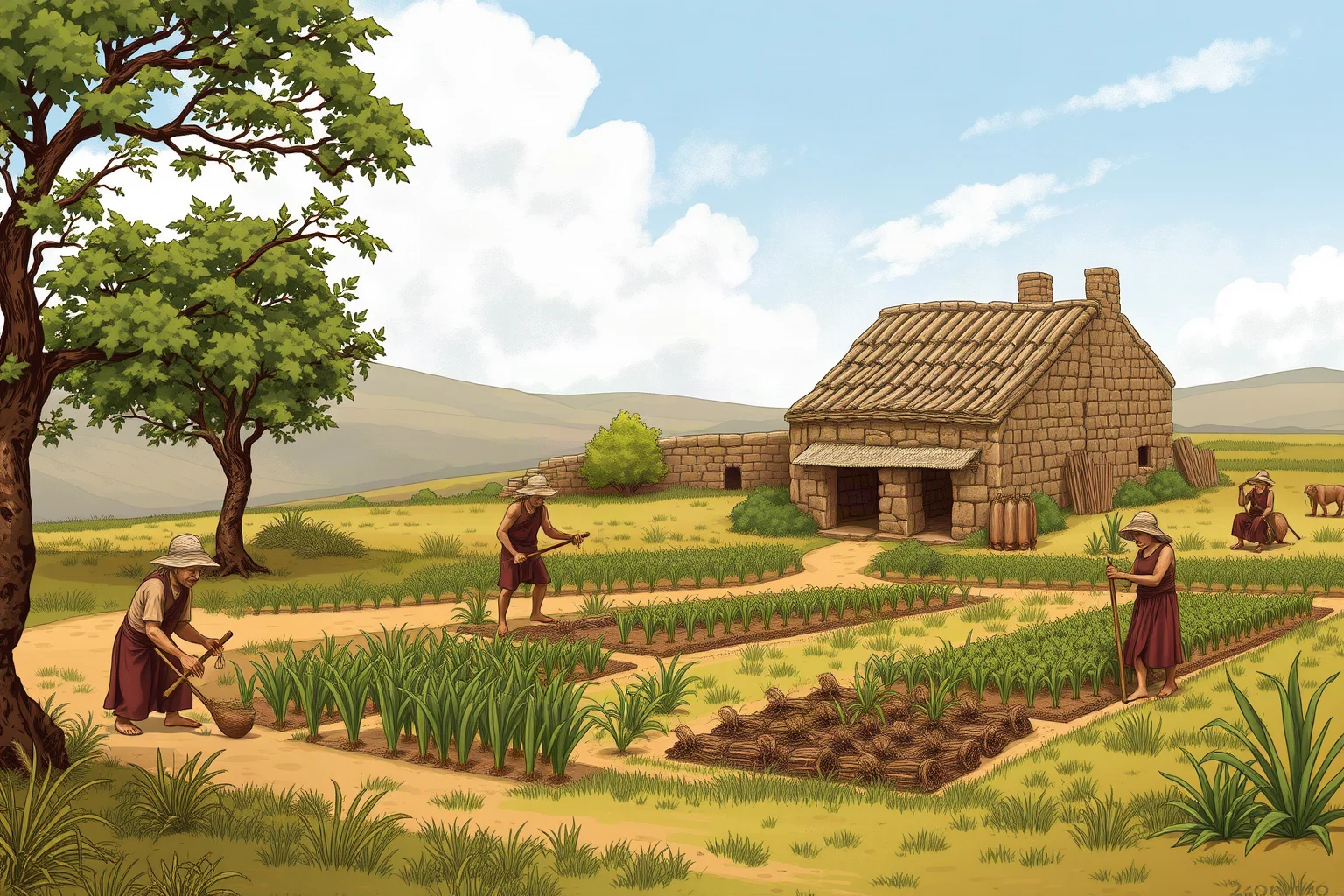 Prehistoric farmers cultivating crops near a simple mud-brick village, illustrative historical style