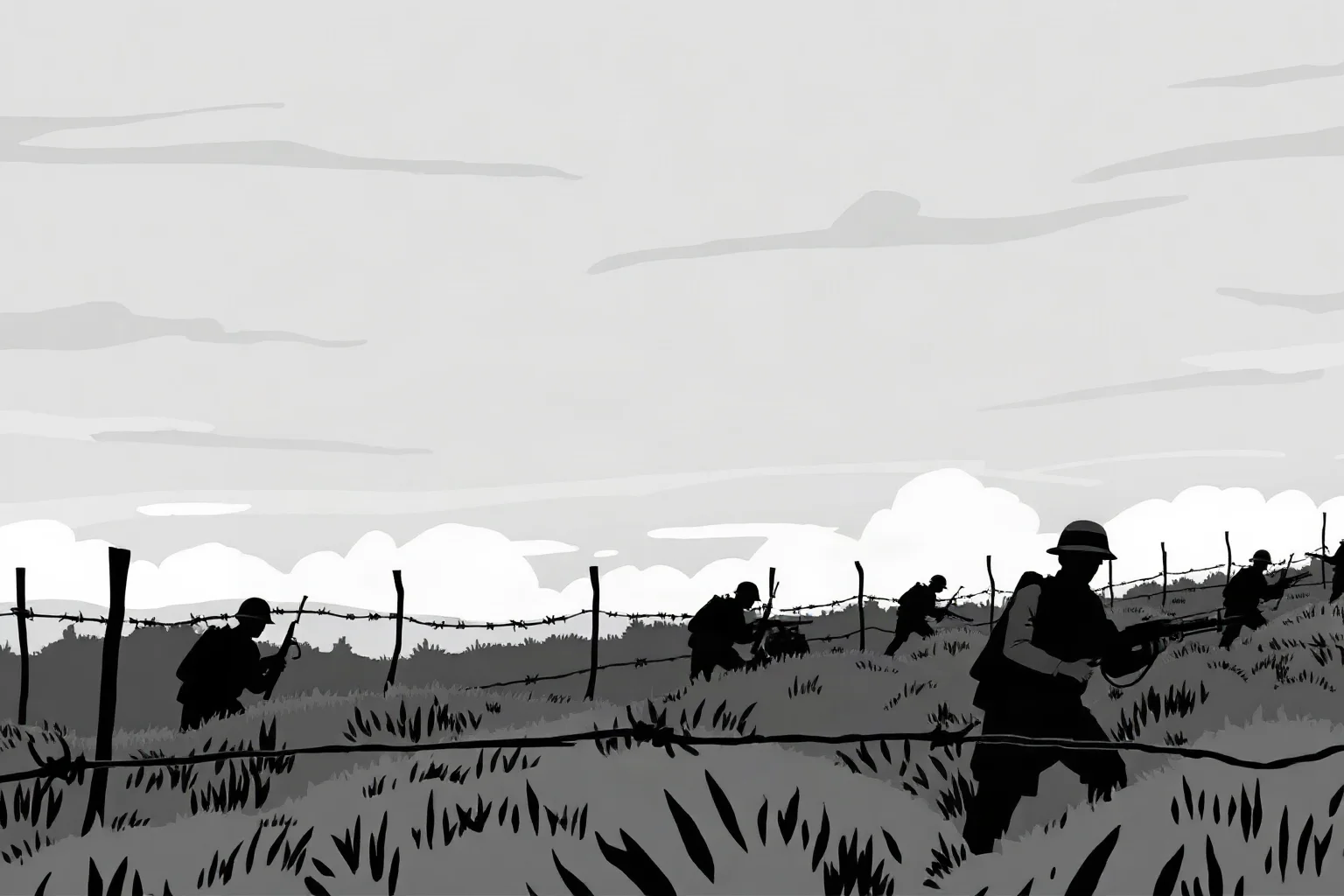 Somber black-and-white style illustration of WWI trench warfare with soldiers and barbed wire under a grey sky