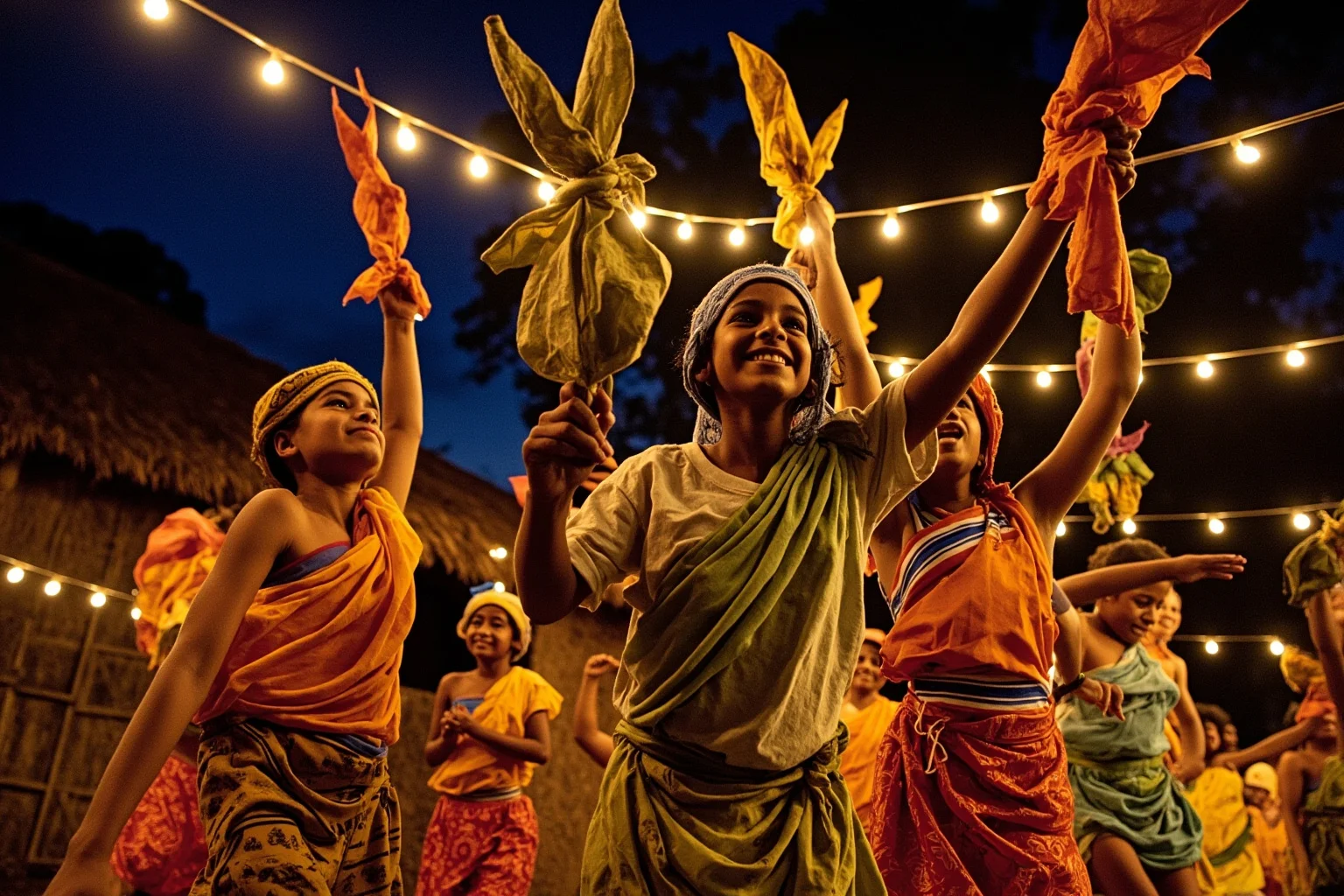 Malagasy families dancing joyfully with silk-wrapped bundles during a village celebration under string lights, festive illustration