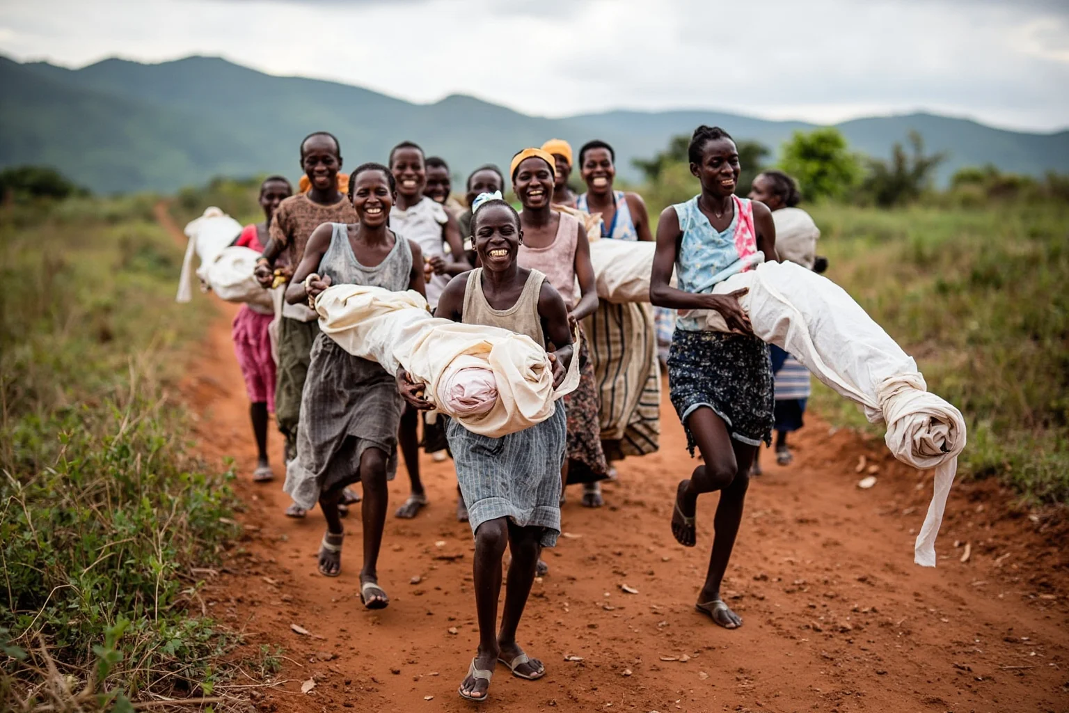 Malagasy villagers dancing joyfully while carrying cloth-wrapped remains during a rural ceremony