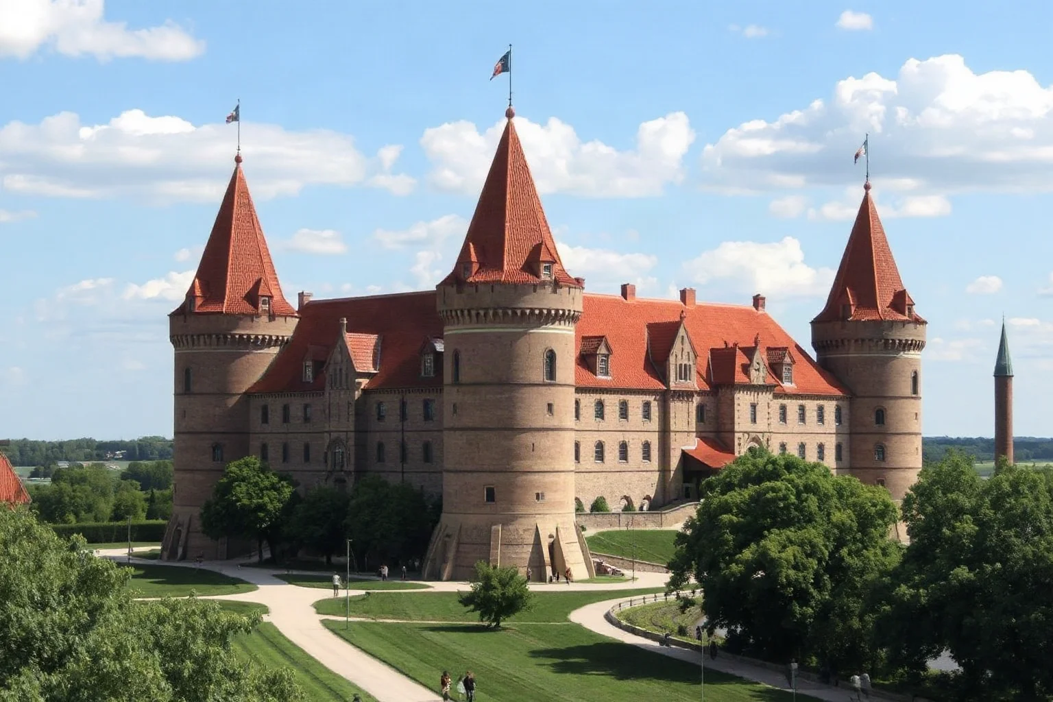Malbork Castle in Poland, the expansive red-brick fortress complex spread across a vast fortified area