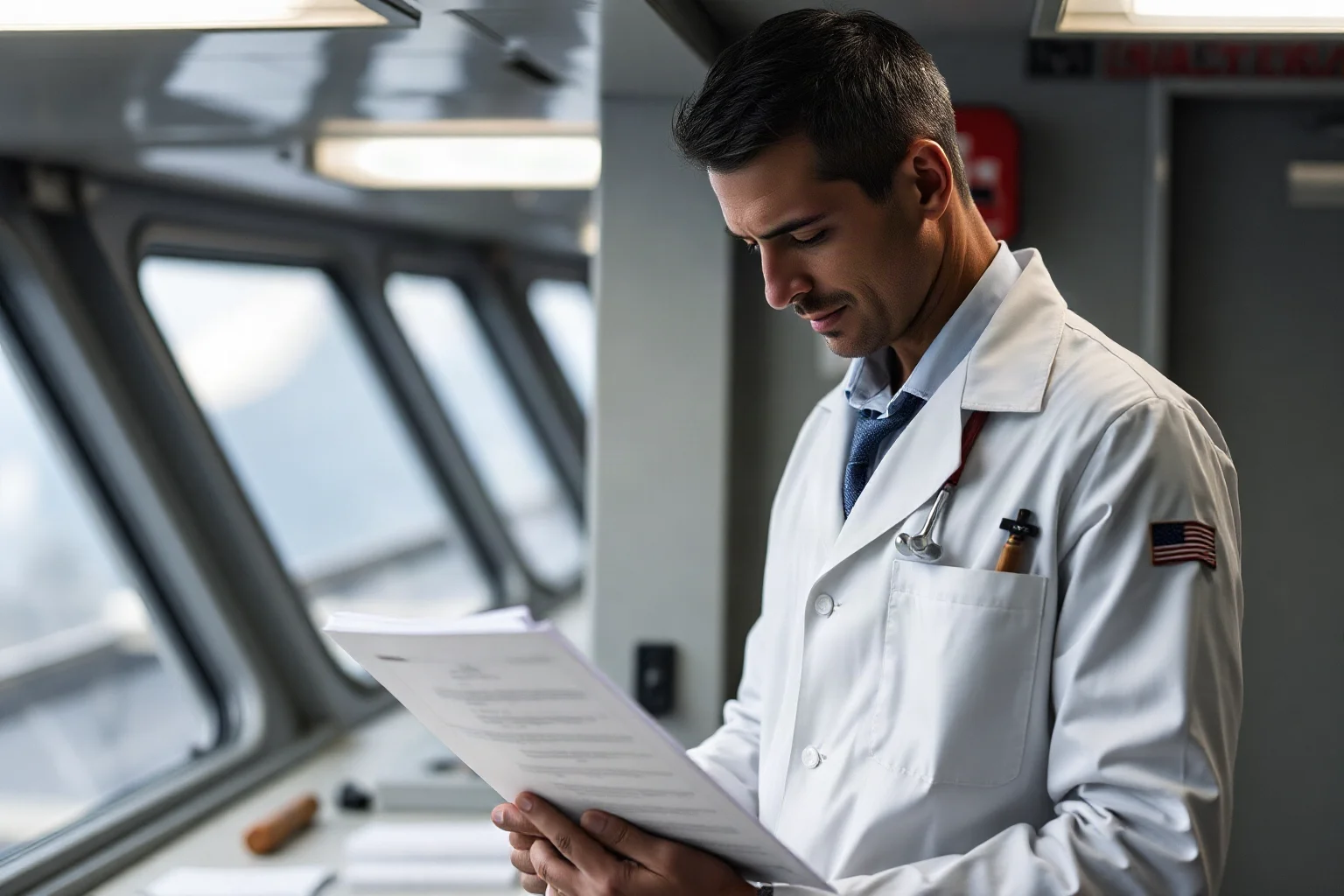 Man in a surgeon's coat studying a medical textbook aboard a naval ship