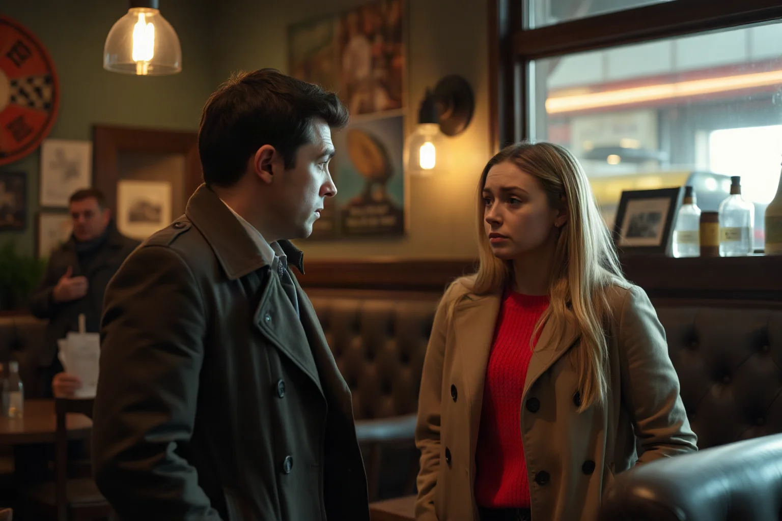 Man in a trench coat speaking urgently to a worried young woman in a dim cafe