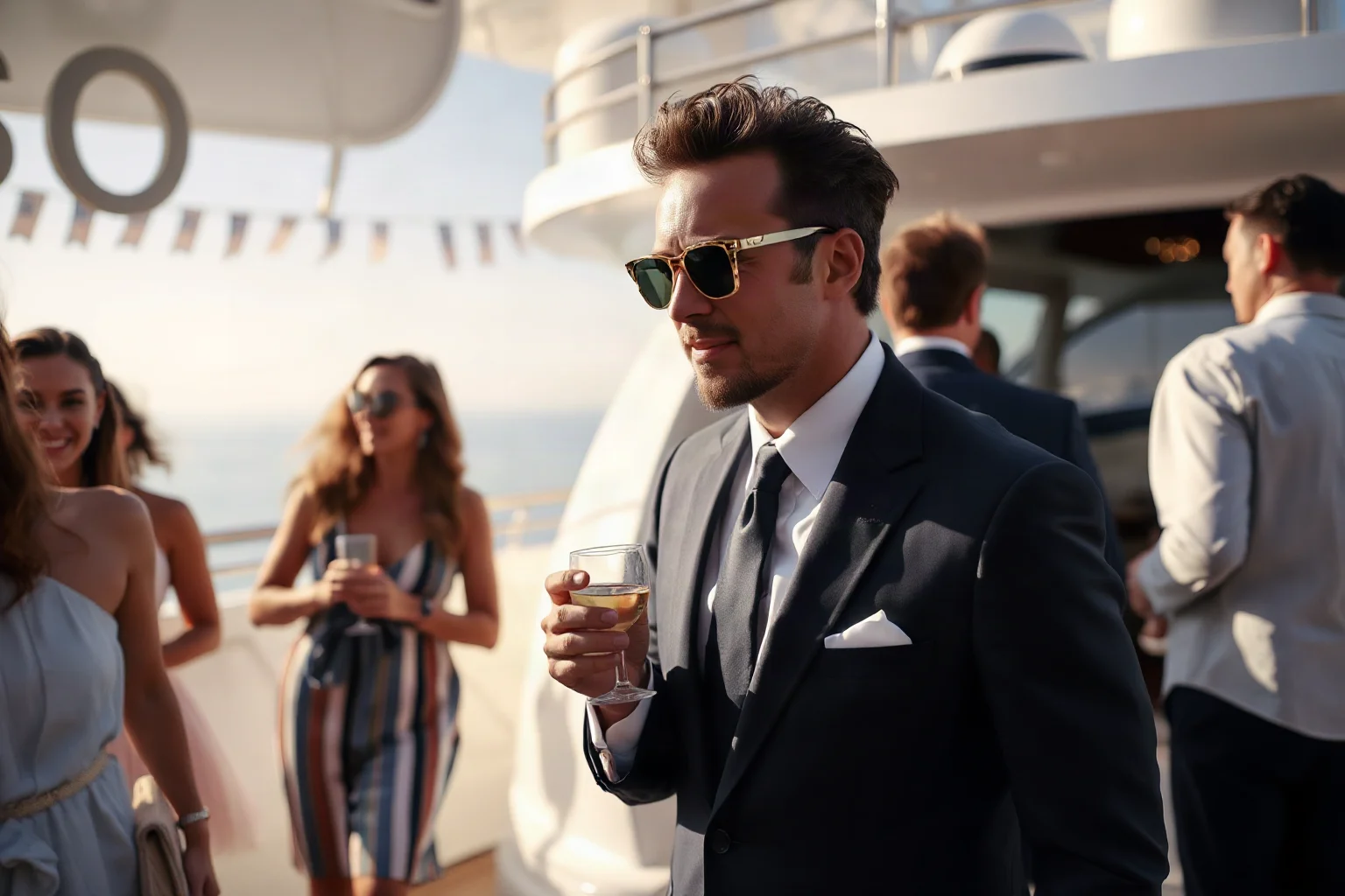 Man in an expensive suit mingling at a lavish yacht party, faces obscured