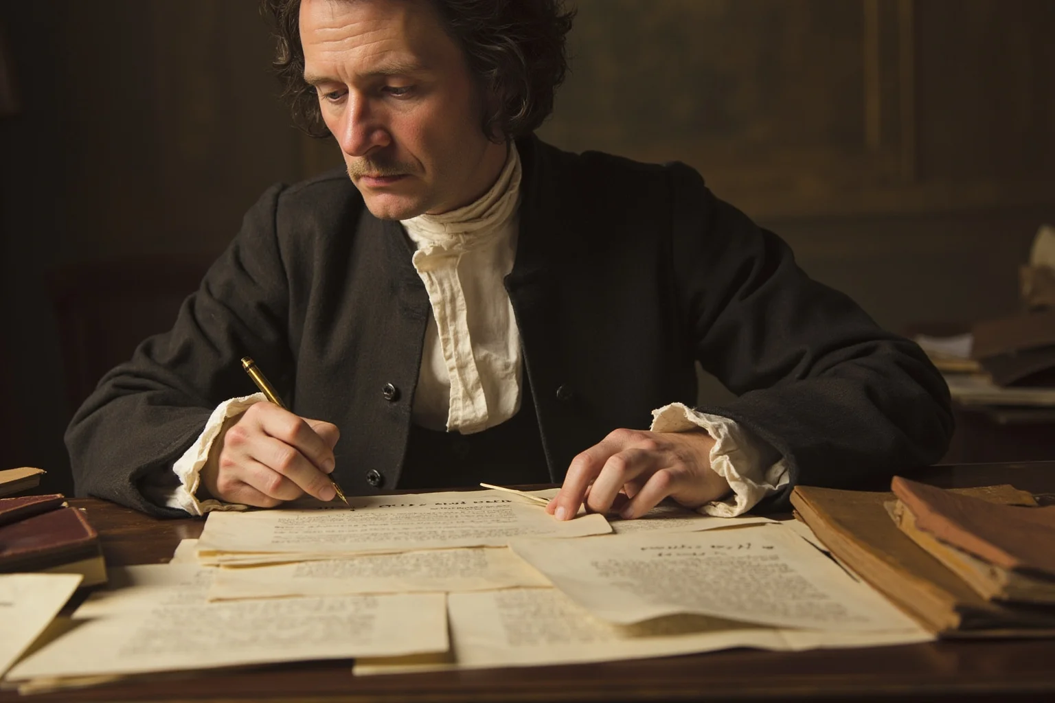 Man in colonial-era clothing writing at a desk with a quill pen, papers spread out titled 'Common Sense'