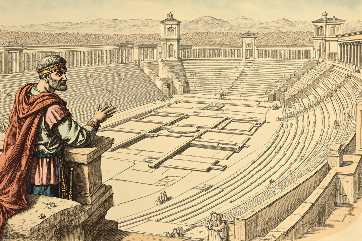 Illustration of Emperor Vespasian overseeing early construction plans for a grand Roman amphitheater
