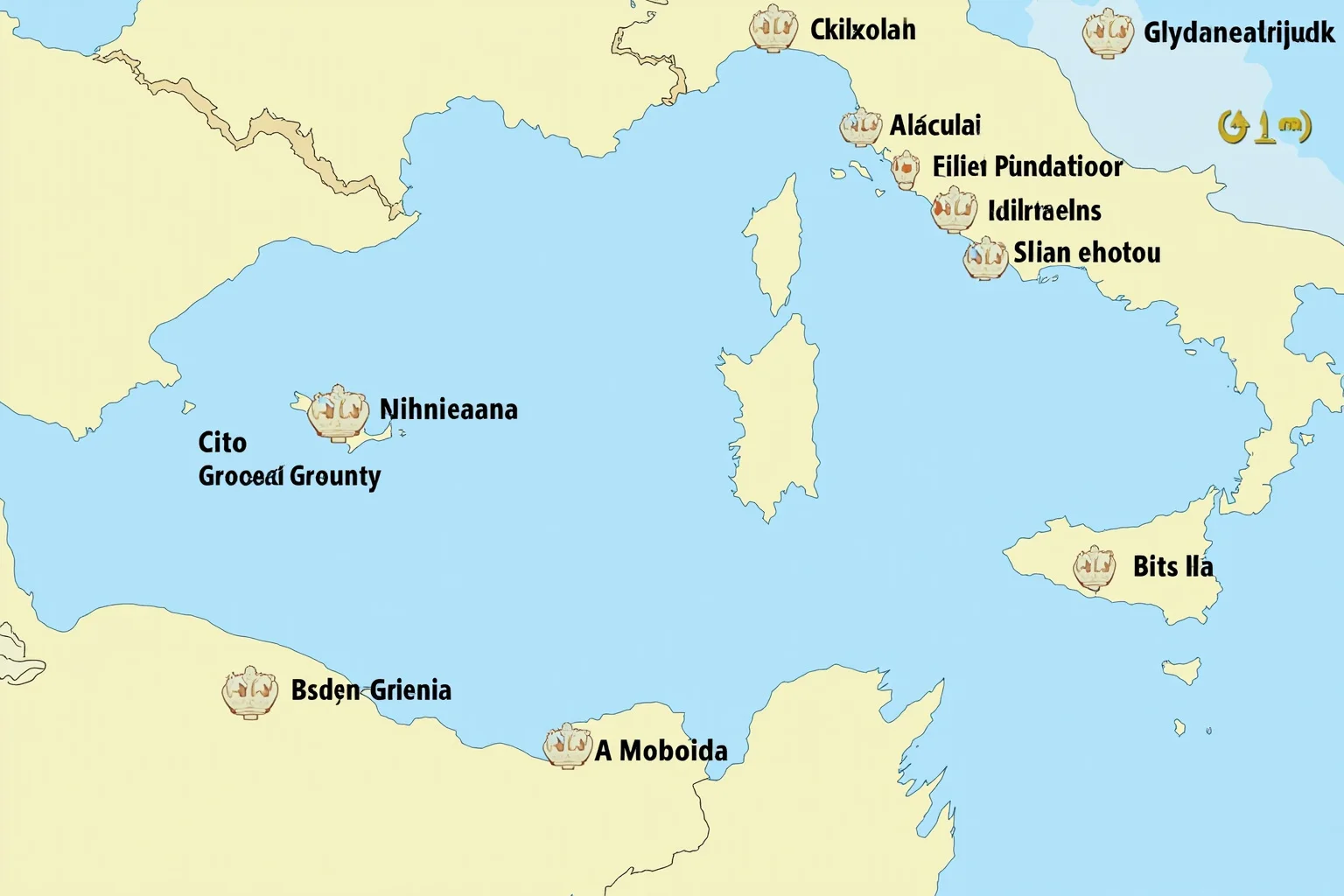 Map of ancient Mediterranean coast showing seven different ancient Greek cities highlighted with crowns