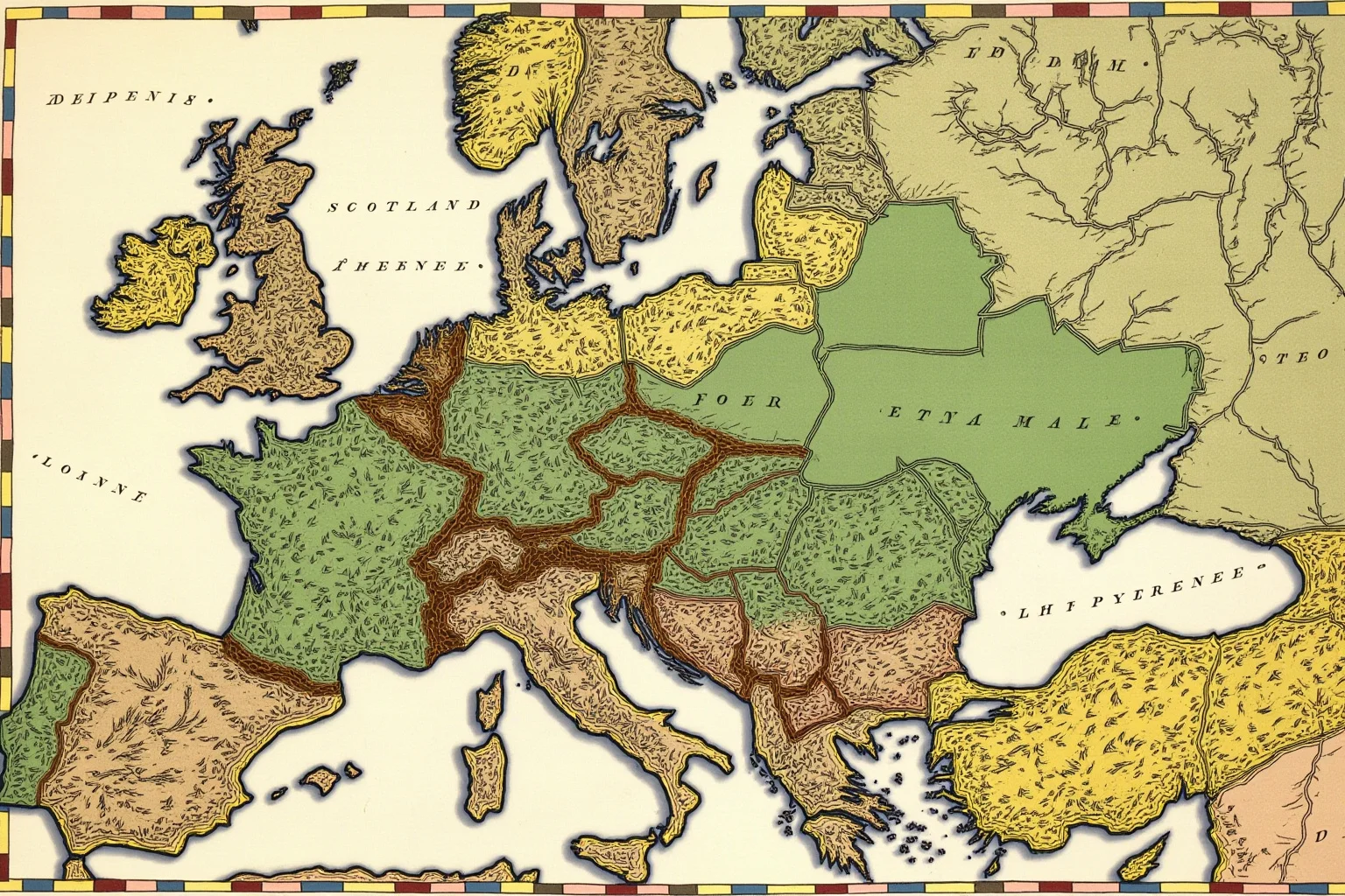 Map of medieval Europe showing vast territories colored in greens and golds, stretching from Scotland to the Pyrenees
