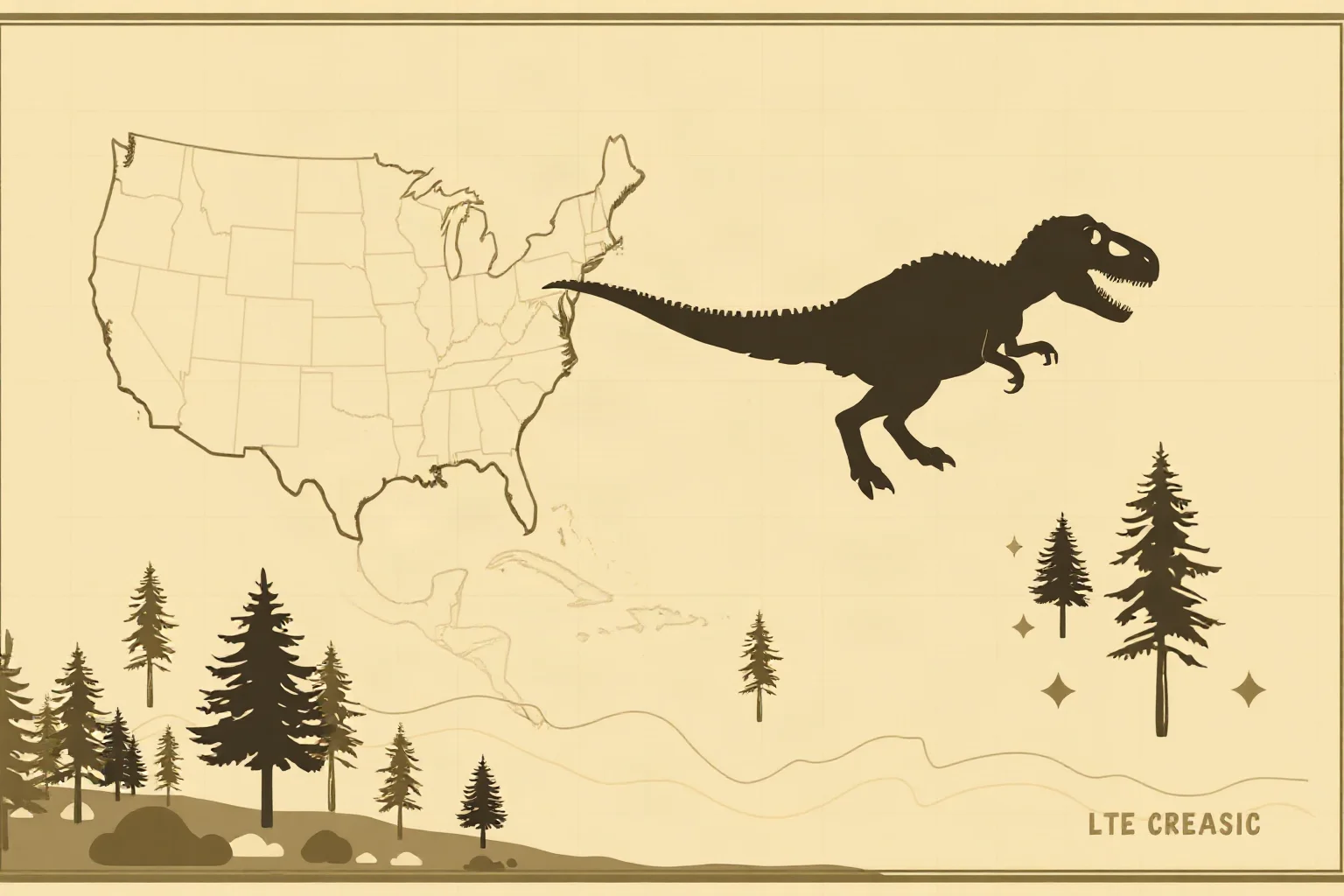 Map-style illustration highlighting western North America during the Late Cretaceous period with a T. rex silhouette