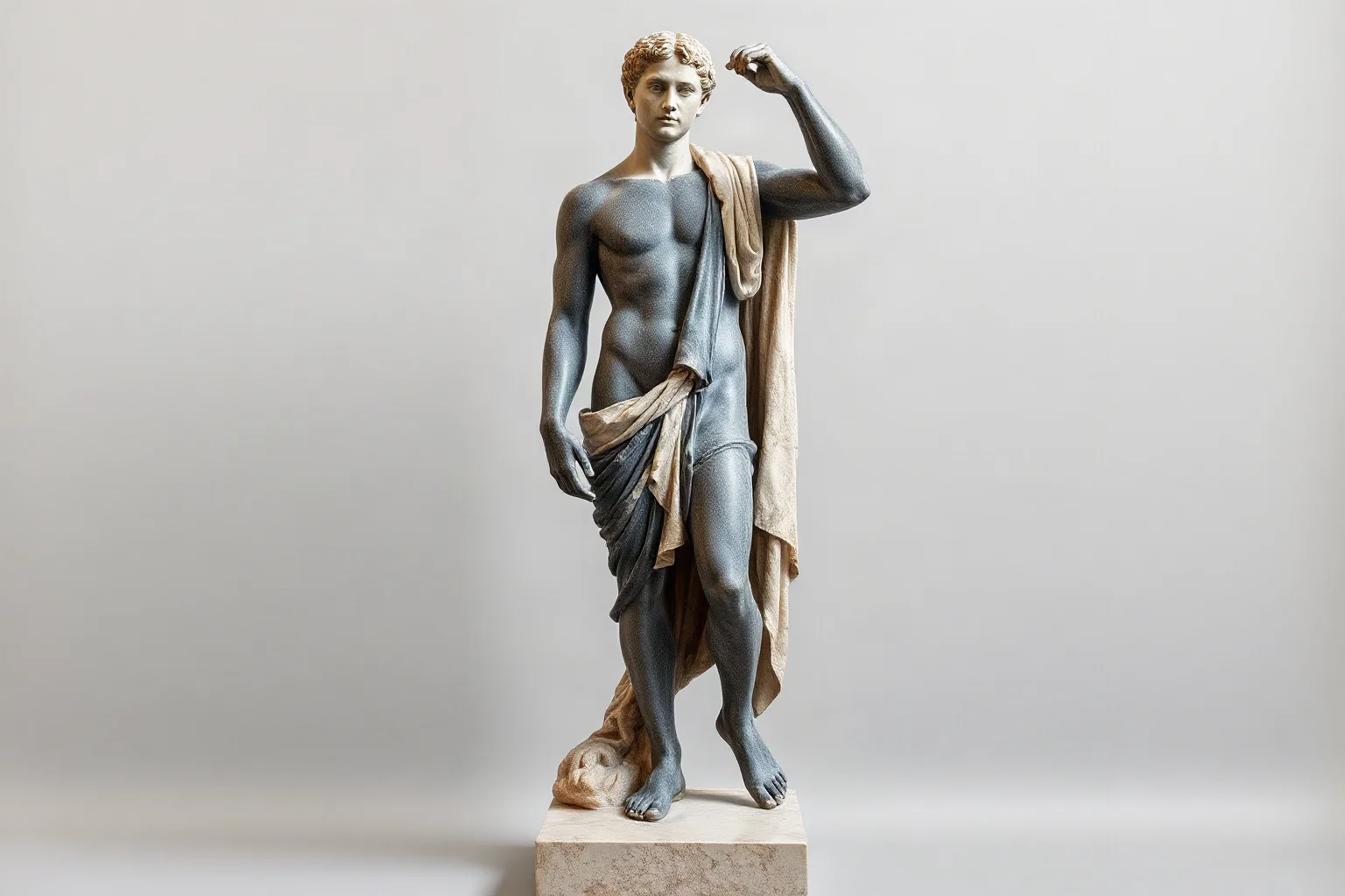 Marble statue of an idealized standing youth in rigid archaic pose, ancient Greek sculpture style