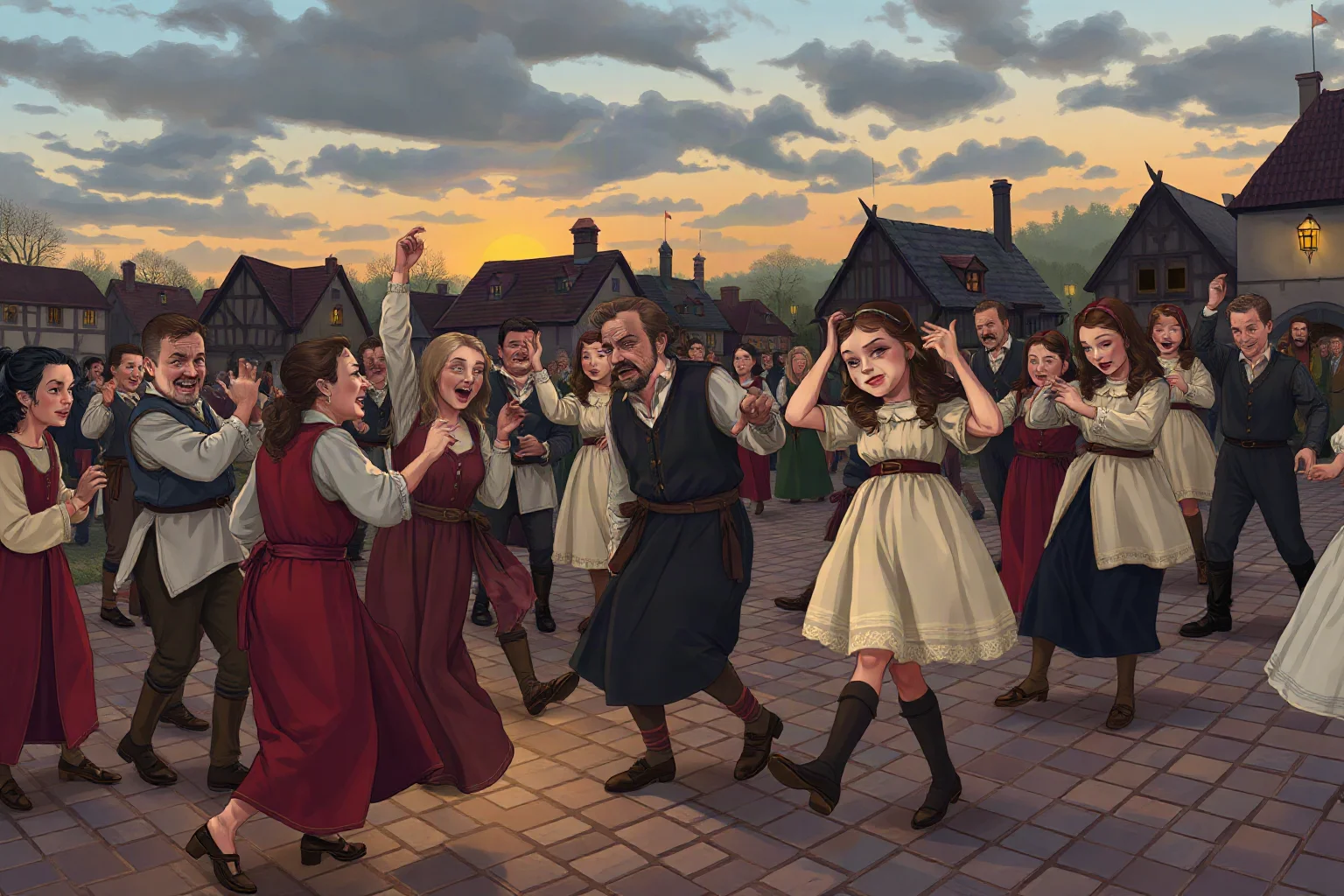 Illustration of exhausted medieval townspeople dancing uncontrollably in a cobblestone square, 16th-century European clothing, dusk lighting