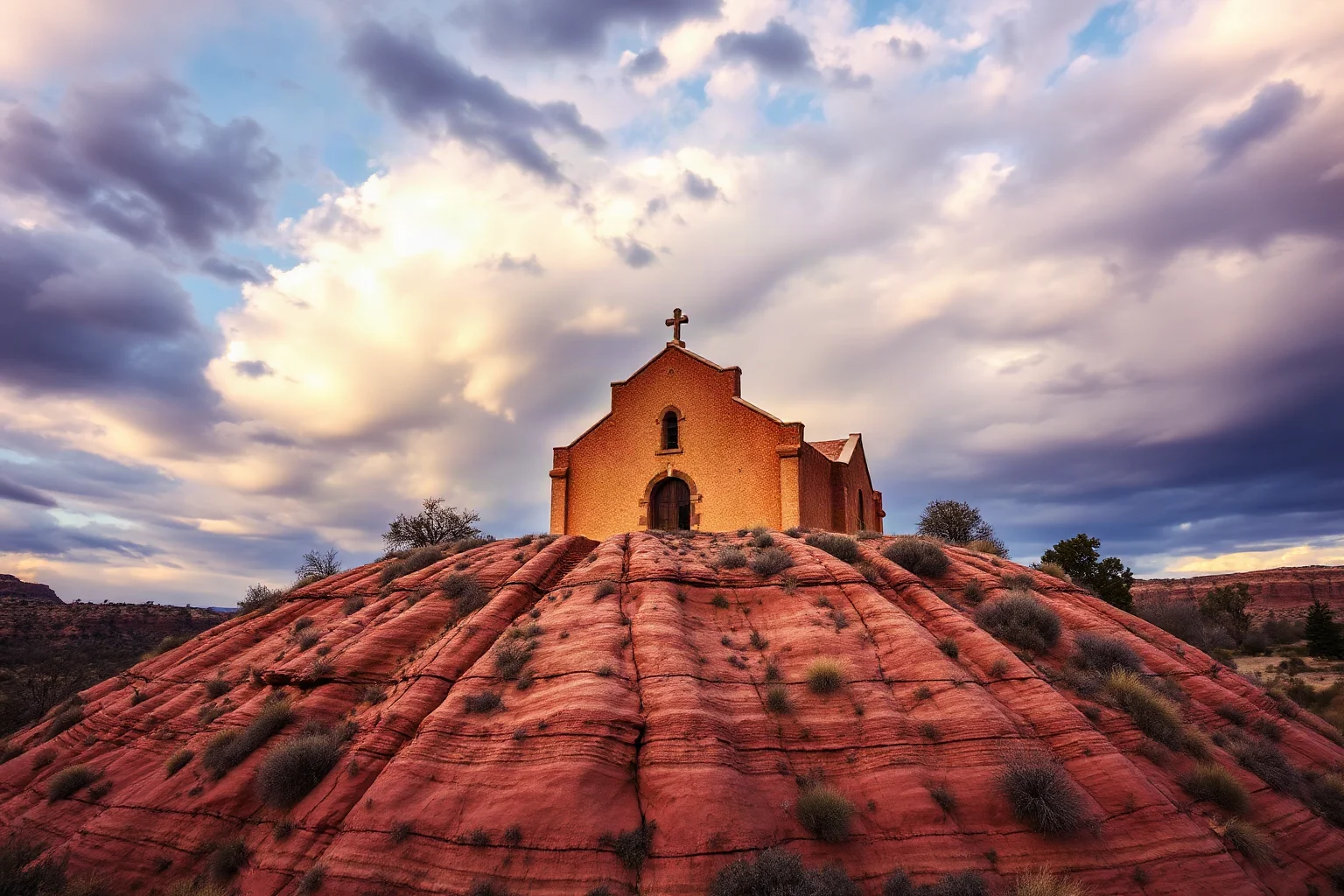 Massive adobe mission church atop a sandstone mesa with dramatic desert sky in the background