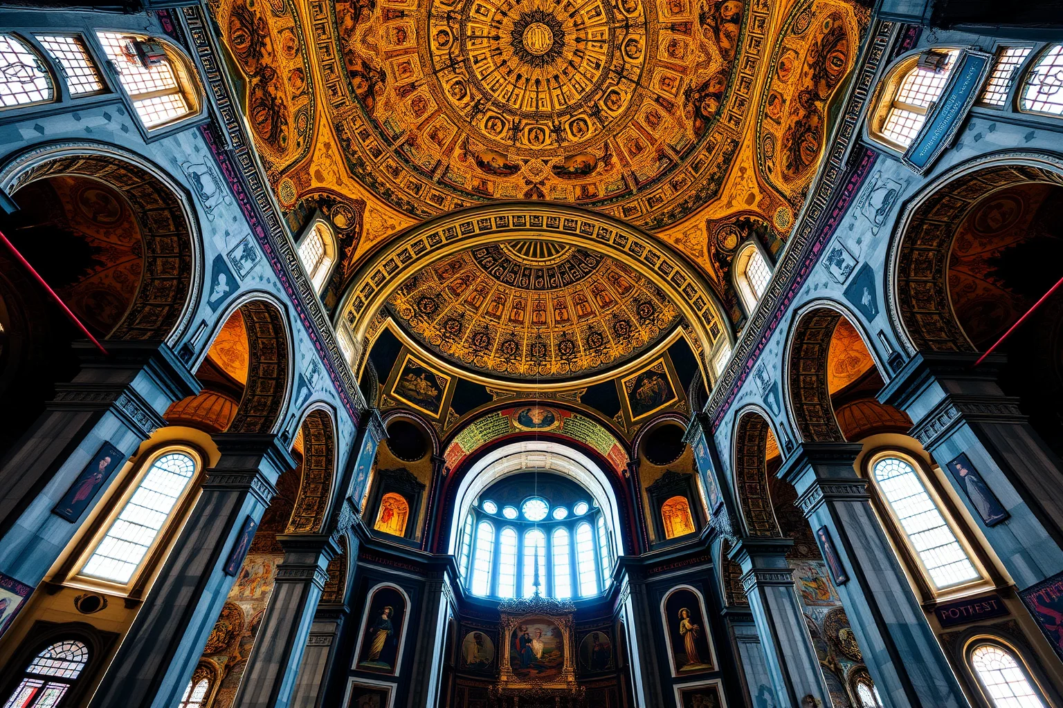 Massive Byzantine domed cathedral interior with golden mosaics and soaring arches, dramatic light beams, wide interior shot