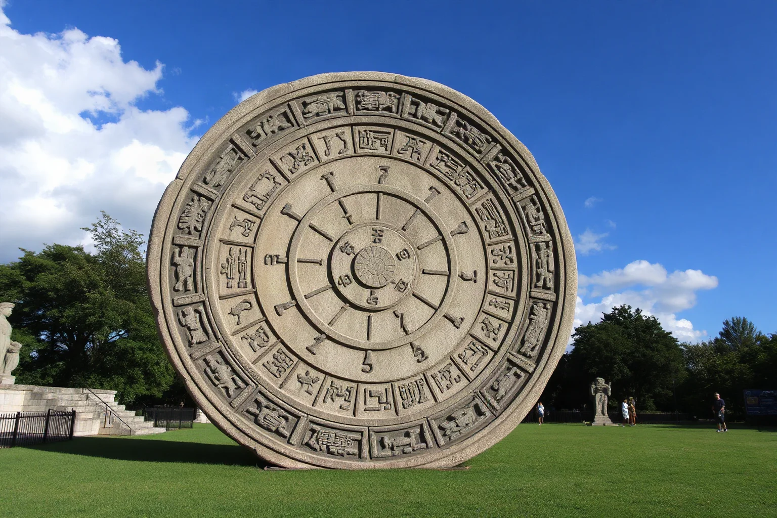 Massive circular carved stone disc covered in intricate Aztec calendar imagery