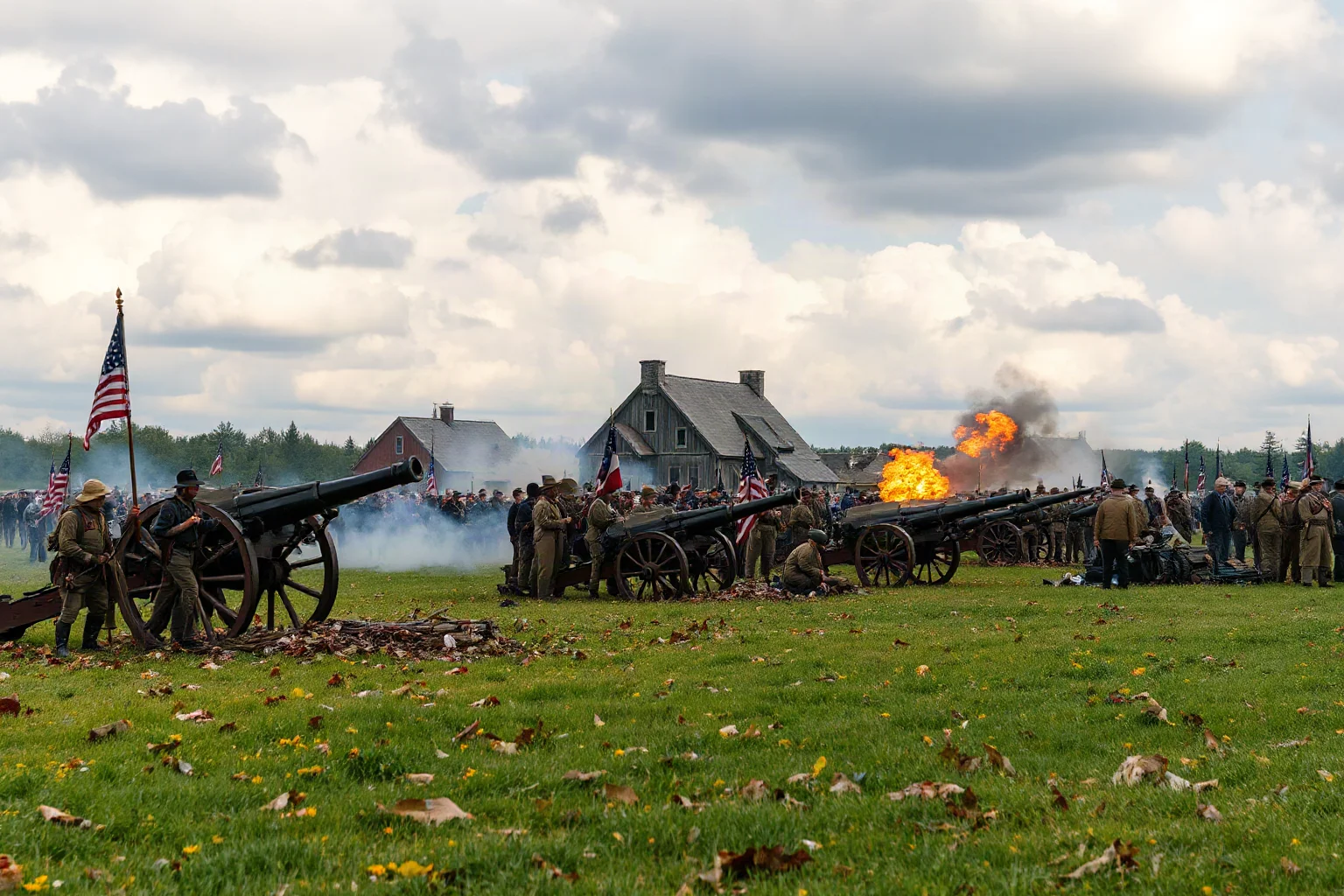 Massive Civil War battle over three days with thousands of soldiers in Union blue and Confederate gray on Pennsylvania countryside, artillery fire and chaos